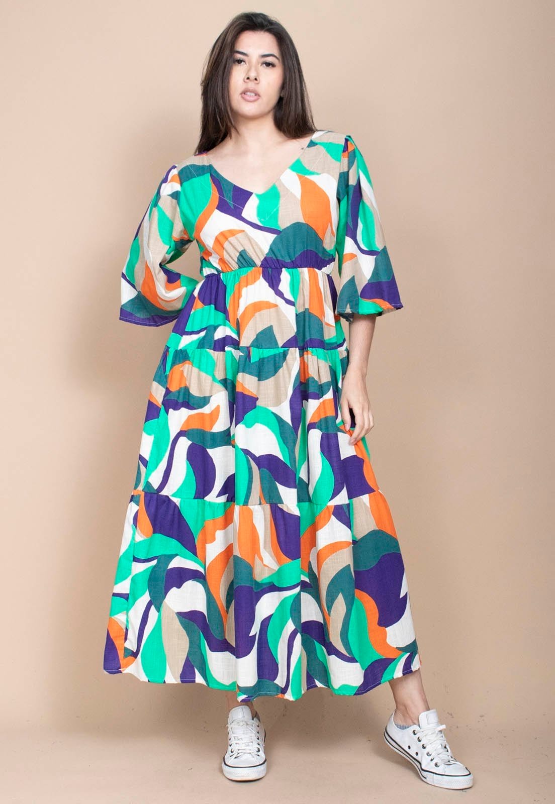 Vista 2 Vestido Longo Cabanafree Plano com Manga e Camadas Estampa Brisa do Mar Cabanafree azul/estampado/laranja/off-white/verde