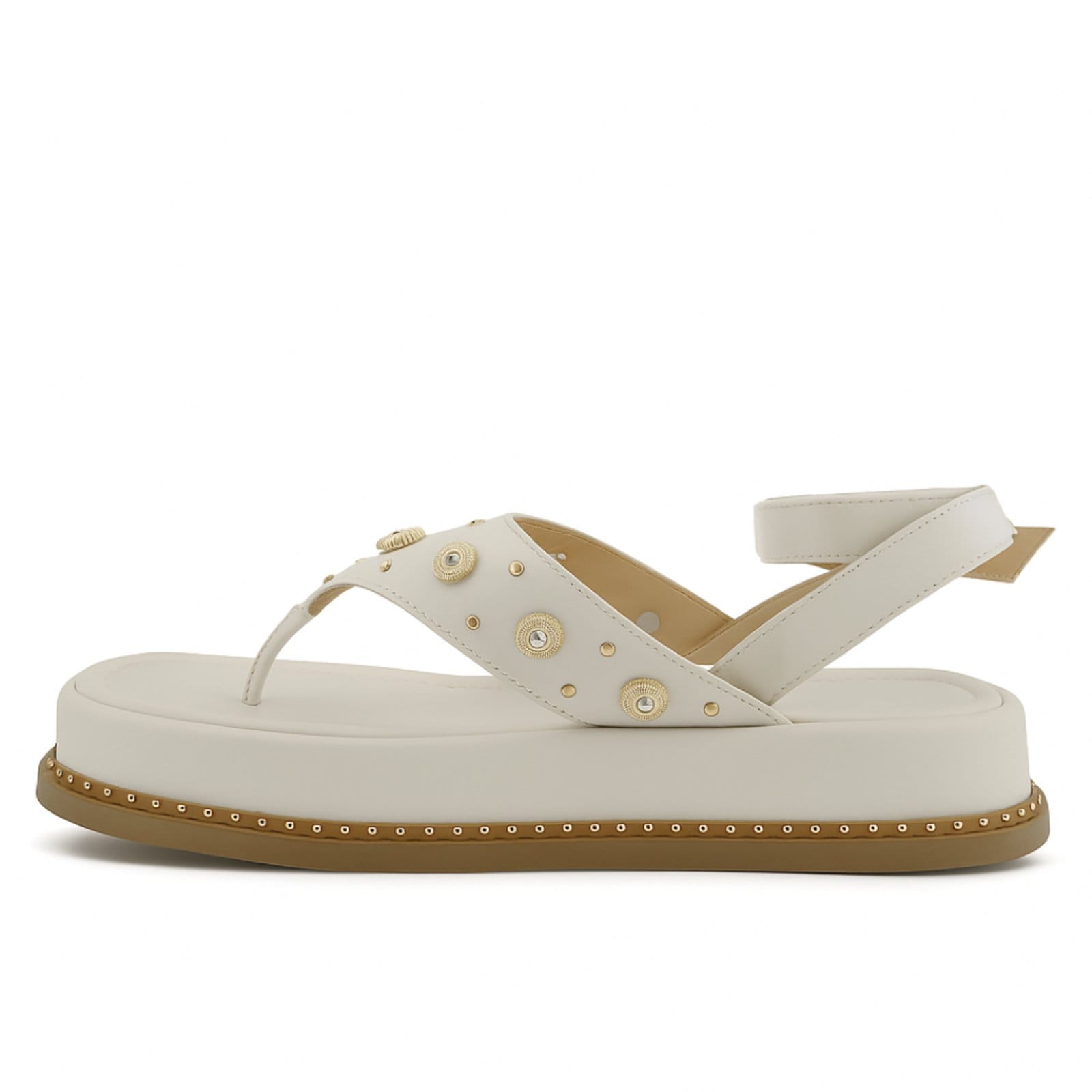 Vista 2 Sandália Flatform Dedo Papete Feminina Aplique Tachas Douradas Off White 23402 Hannah Footwear off-white white