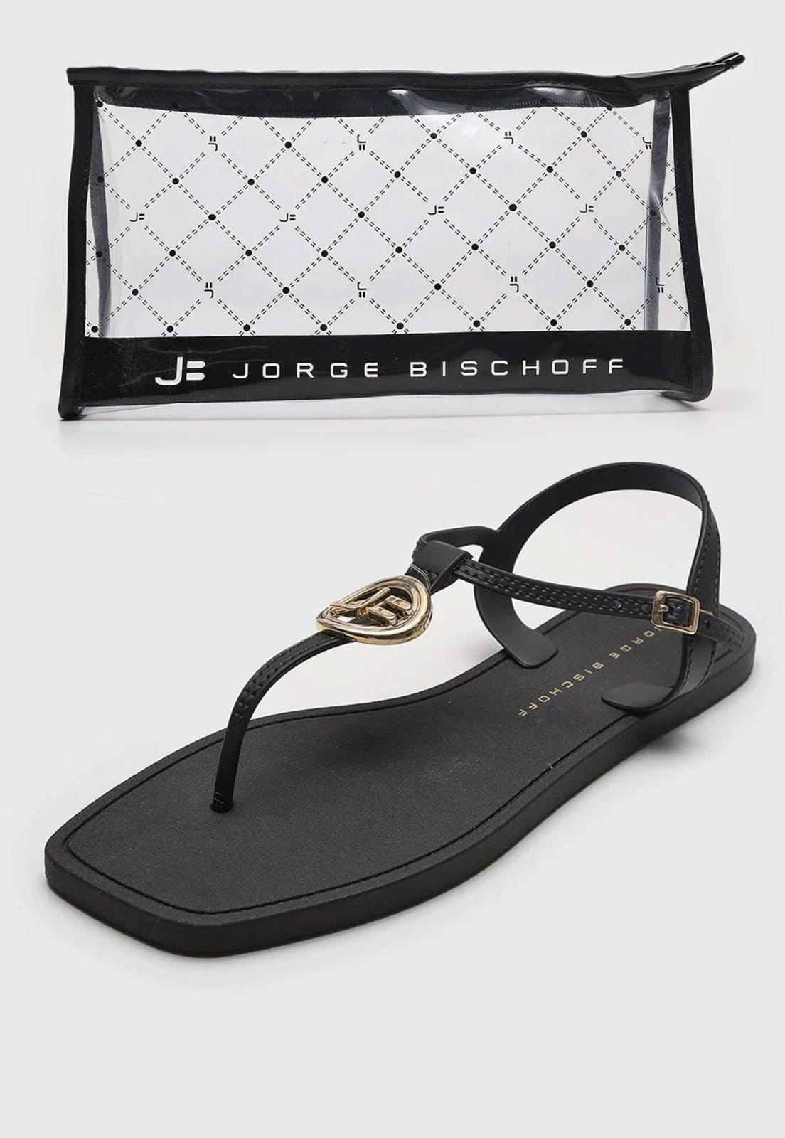 Vista principal Kit Rasteira Feminina Jorge Bischoff Detalhe Monograma com Necessaire Preta Jorge Bischoff preto