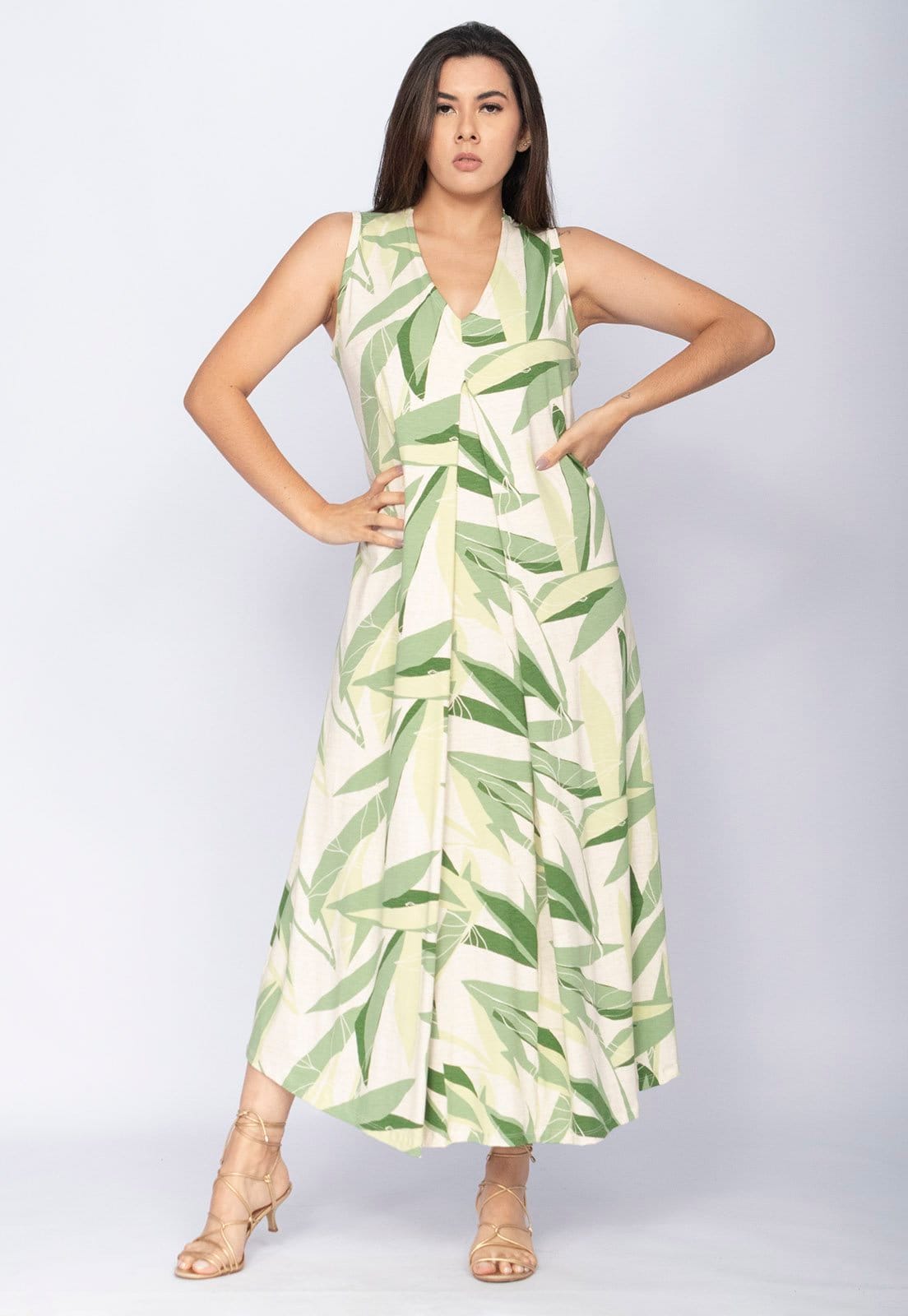 Vista principal Vestido CabanaFree Longo Acará Malha Estampa Verde Selvagem Cabanafree estampado/verde verde