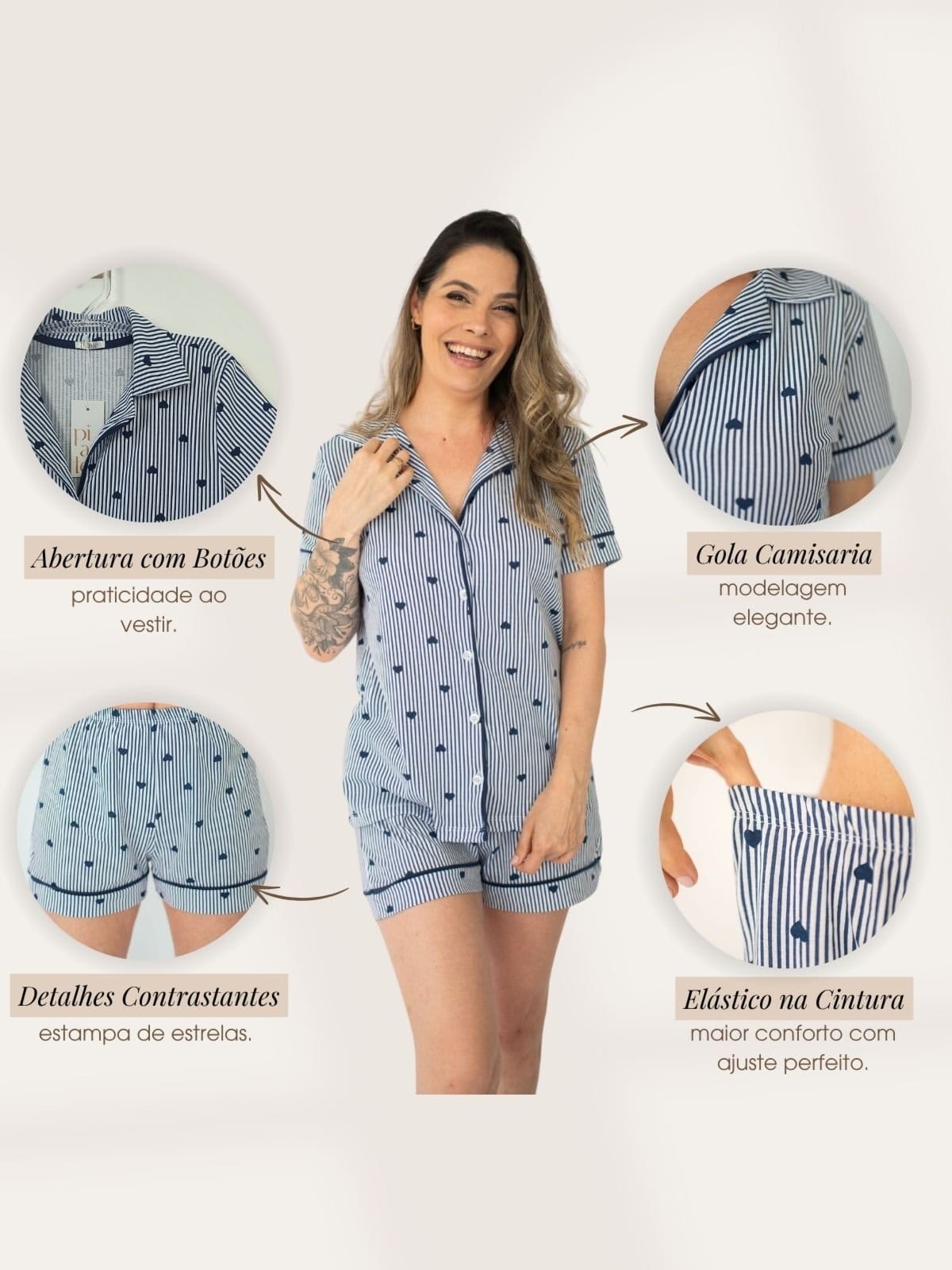 Vista 2 Pijama Americano Curto Algodão Flávia - Listrado Marinho Coração Piante azul marinho