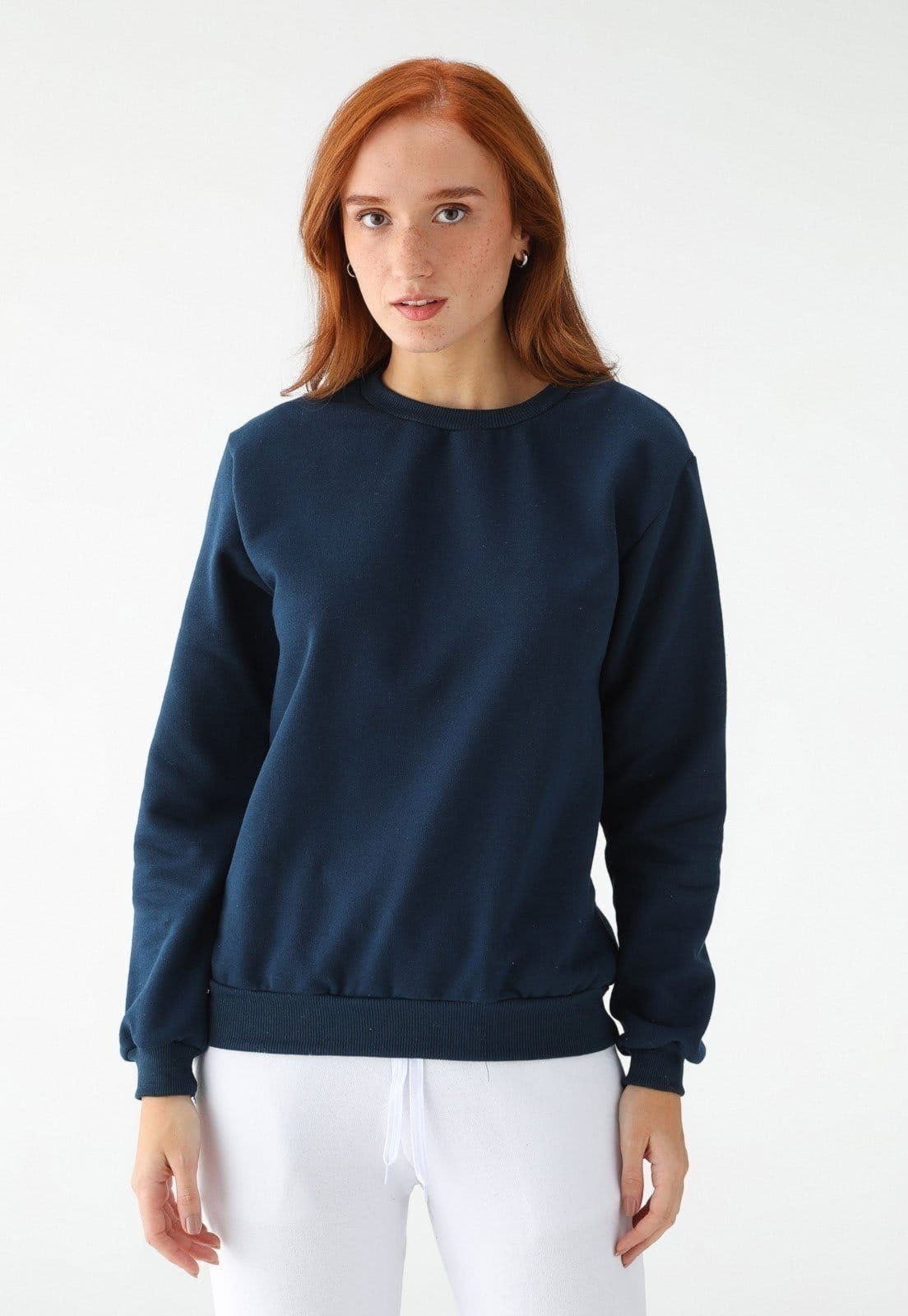 Vista principal Blusa de Frio Moletom Feminino Flanelado Benellys Liso Gola Redonda Marinho Benellys azul marinho