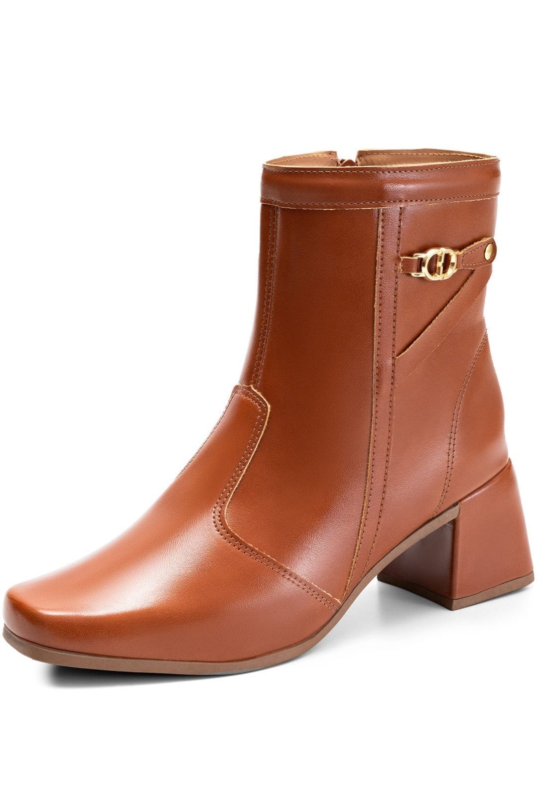 Vista principal Bota Feminina Lumiss Salto Bloco Baixo Cano Curto Detalhe Metal LUMISS caramelo