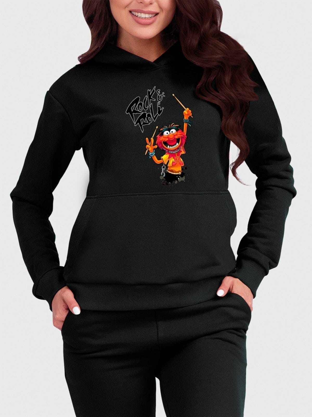 Vista principal Moletom Canguru Feminino Flanelado com Capuz Rock Roll Divertido Benellys preto