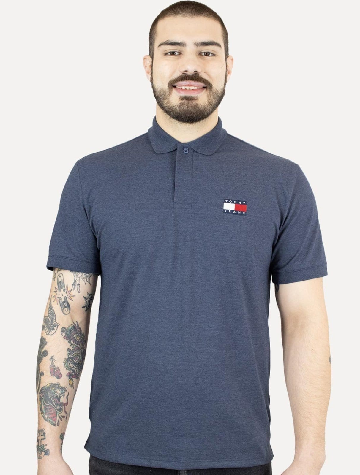 Polo Tommy Jeans Masculina Regular Heather XS Badge Marinho Mescla