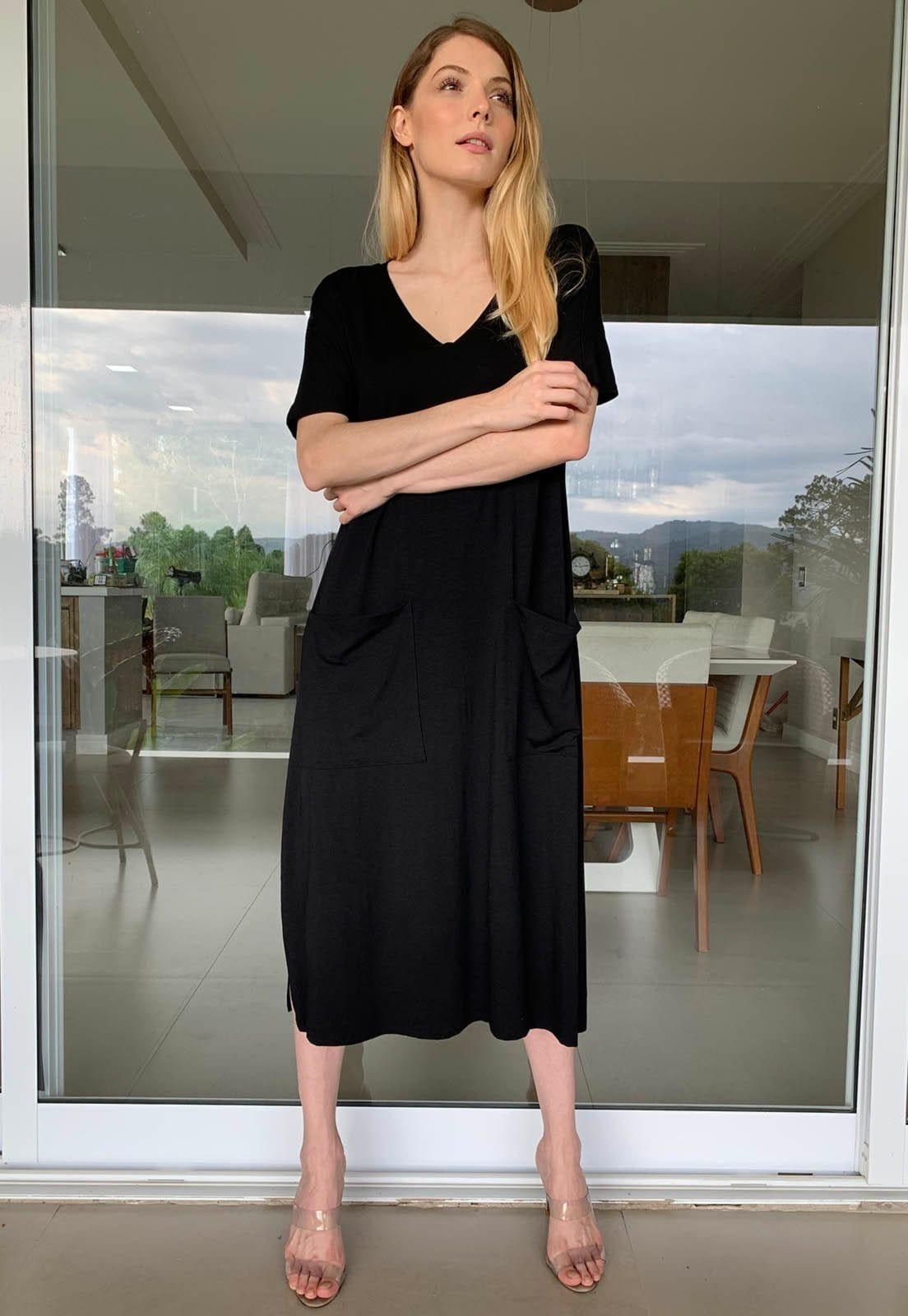 Vista 2 Vestido Midi Amazonia Vital Reto Malha com Bolso na Frente Amazonia Vital preto