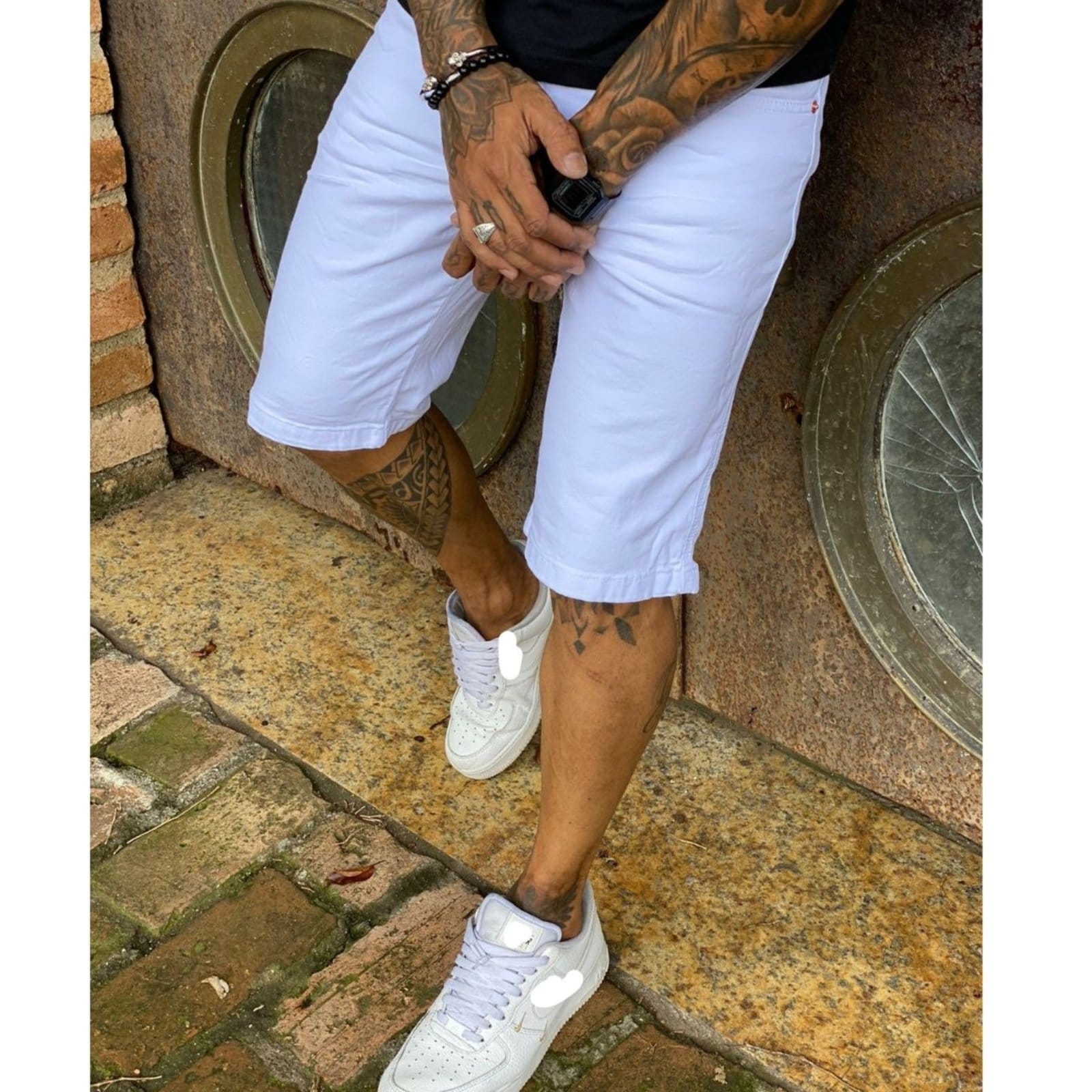 Vista 2 Bermuda Branca Lisa Sarja Masculina Alleppo Jeans Genebra Alleppo Jeans branco