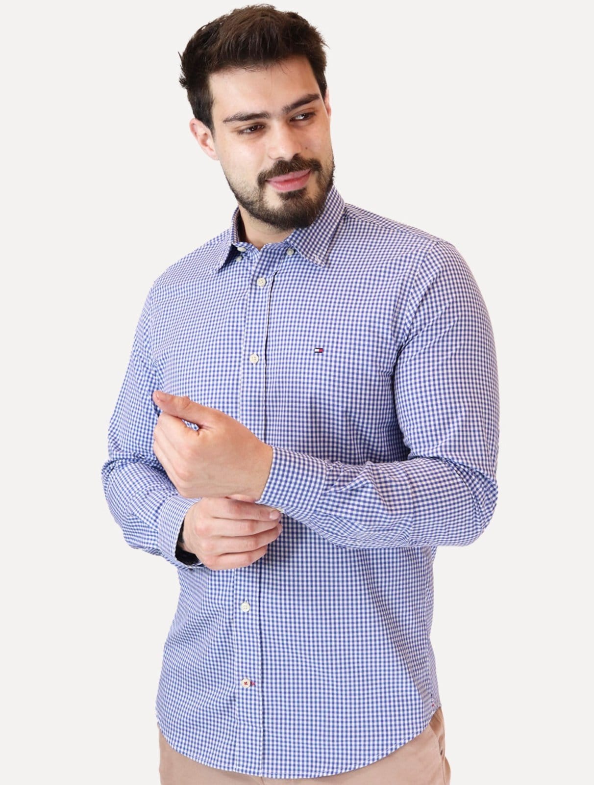 Camisa Tommy Hilfiger Masculina Xadrez Gingham Branca/Azul Médio