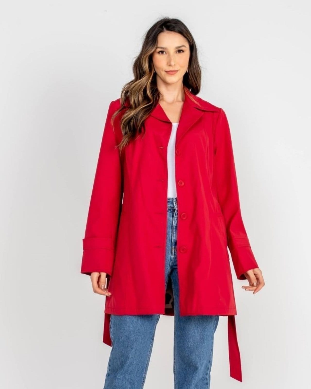 Vista 2 Trench Coat Sobretudo Forro Onça POLLEN vermelho