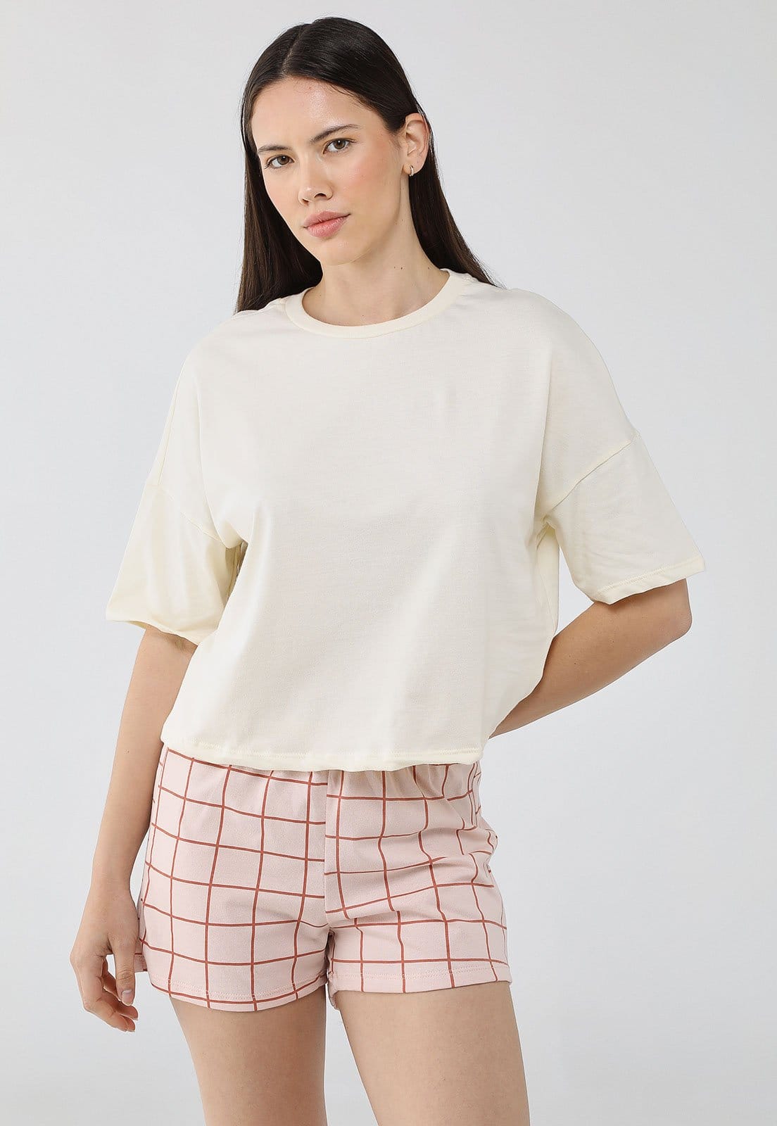 Conjunto Pijama Curto Feminino Hering Xadrez Off-White