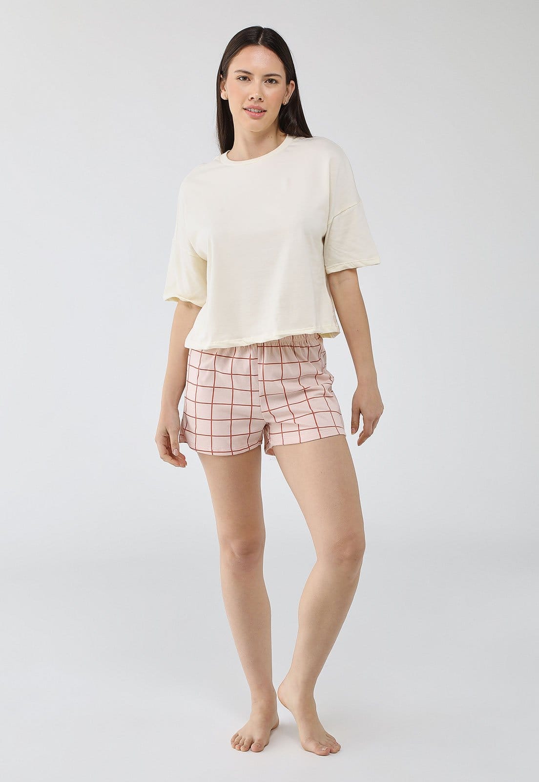 Vista 2 Conjunto Pijama Curto Feminino Hering Xadrez Off-White Hering off-white white