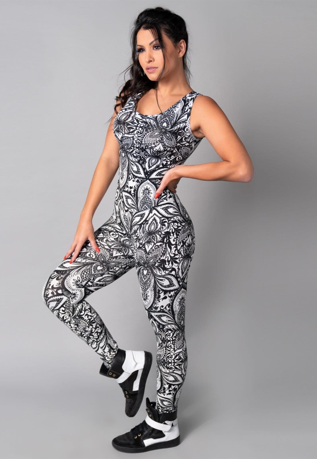 Vista 2 Macacão MVB Modas Longo Suplex Fitness Estampado Mandala Mvb Modas branco