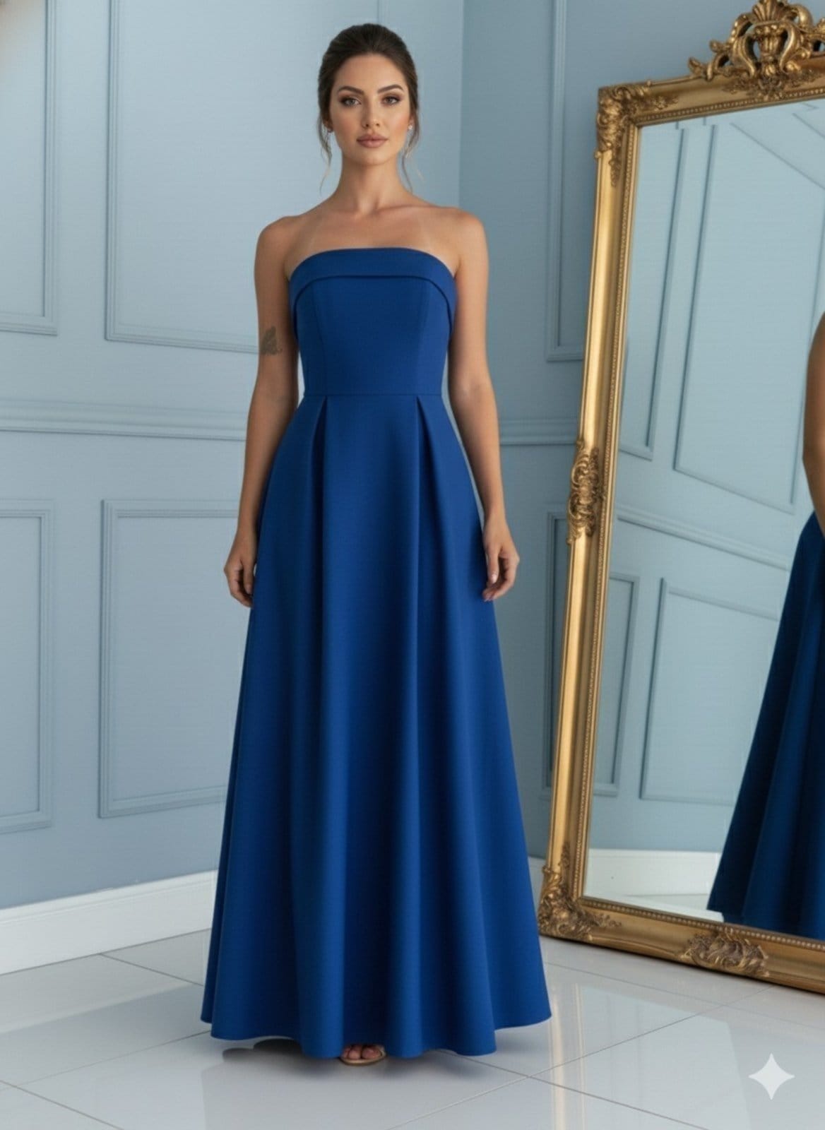 Vista 2 Vestido Longo com Pregas Decote Reto Festa Madrinha Linho Misto Royal FS CONCEPT azul