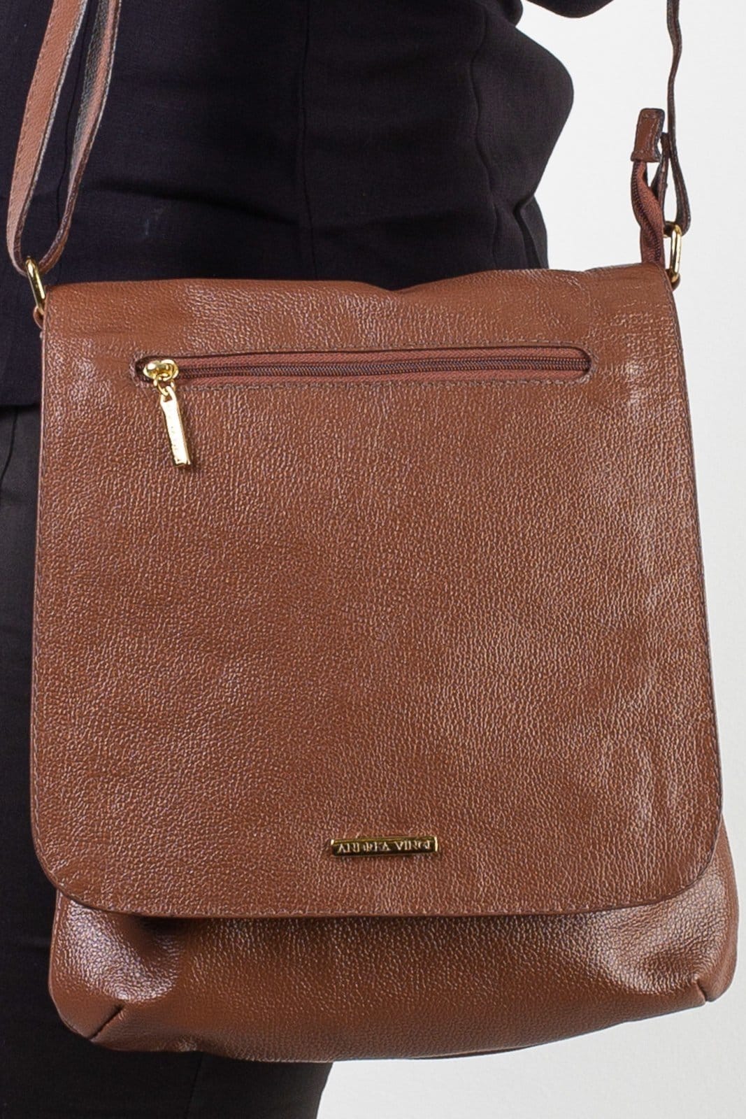 Vista 2 Bolsa transversal grande de couro liso Karina - Whisky Andrea Vinci vermelho