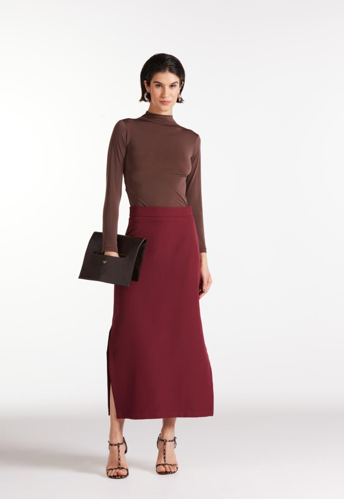 Vista principal Saia Midi Alfaiataria Com Fendas Traymon Sauvignon Traymon vermelho