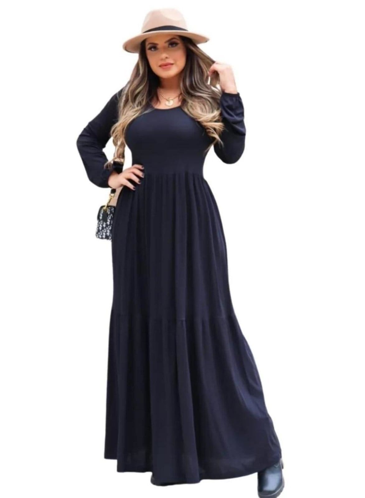 Vista 2 Vestido Longo Manga Longa Outono Inverno Viscolycra Cia do Vestido preto