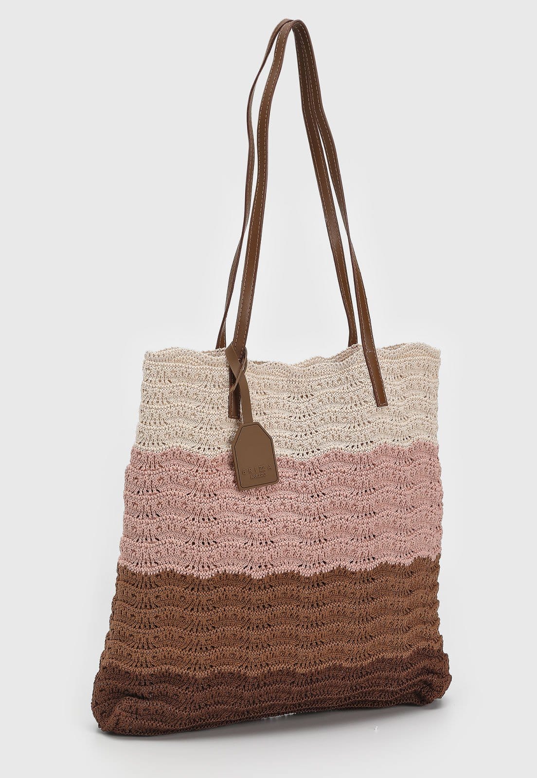 Vista 2 Bolsa Feminina Brizza Arezzo Textura Crochê Bege e Rosa Claro e Marrom Brizza Arezzo marrom rosa