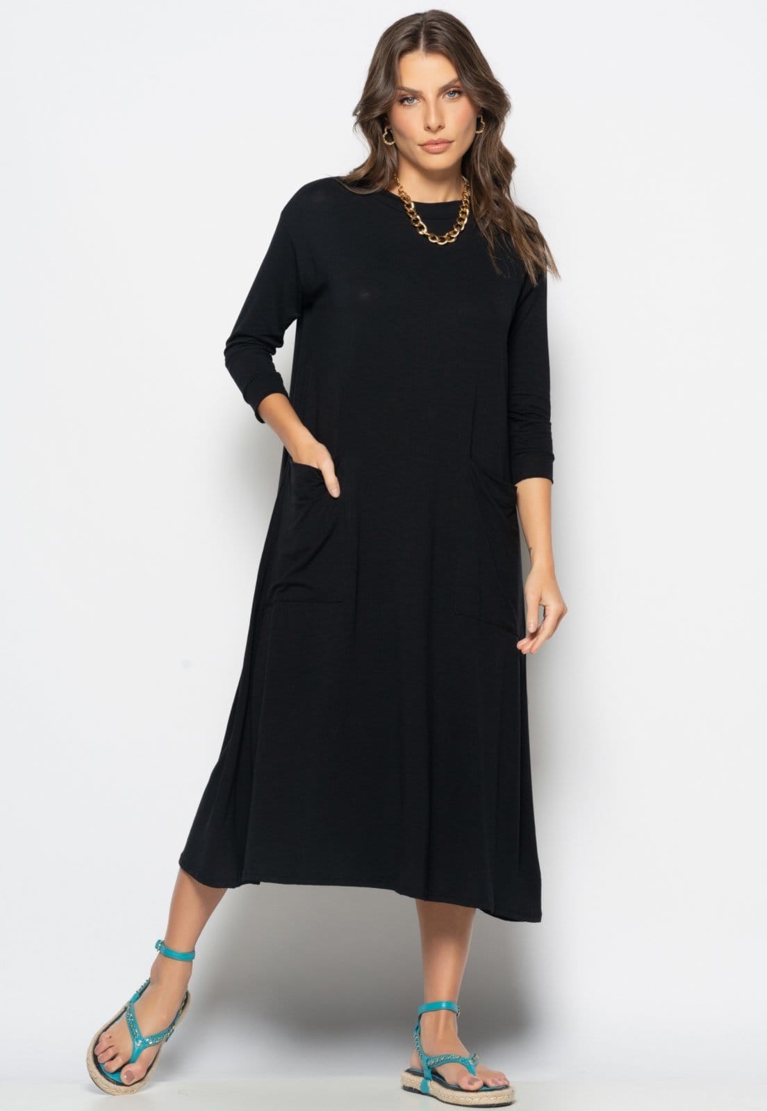 Vestido Midi Com Bolsos E Manga 7/8 Salvatore