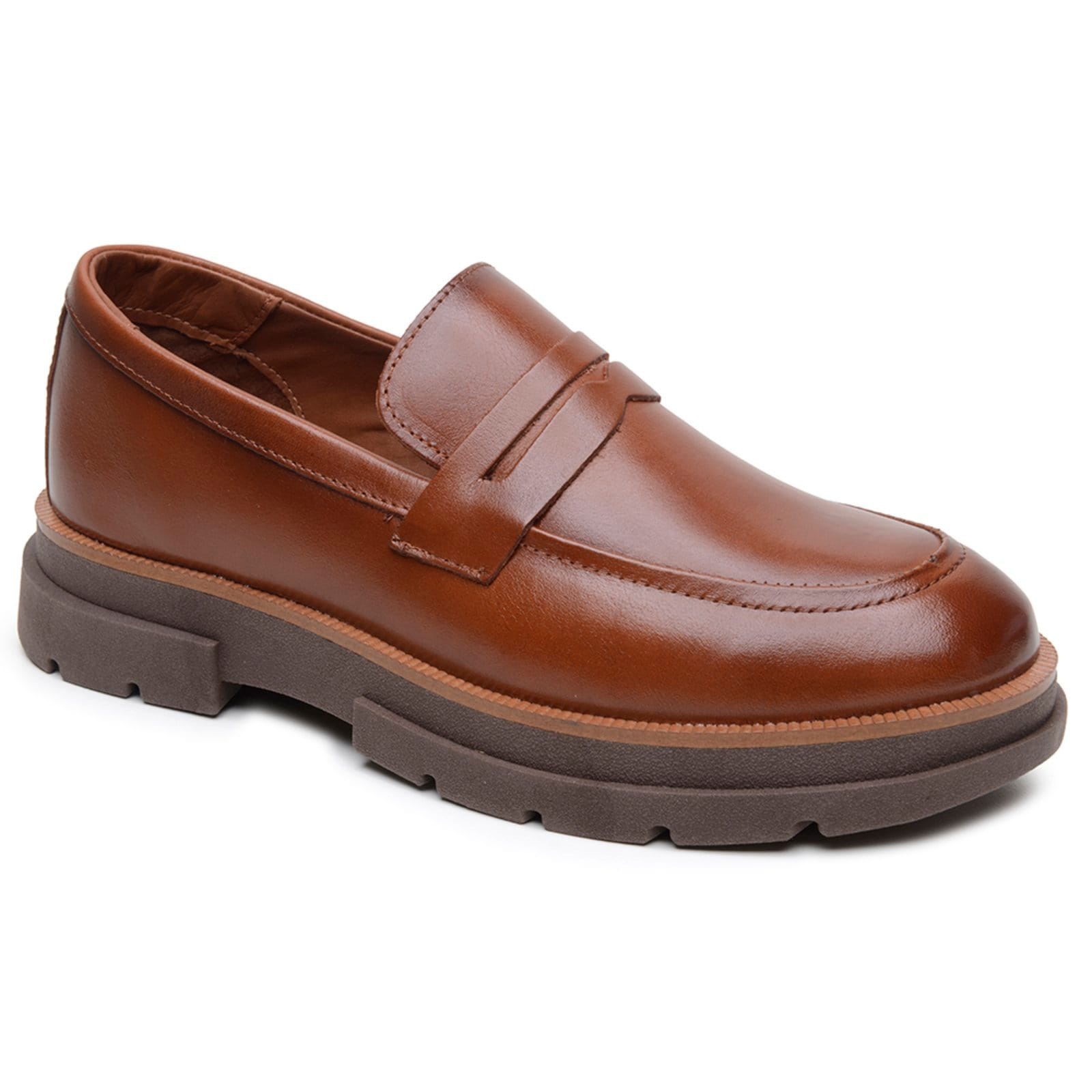 Vista 2 Mocassim Brook Eleva Couro Sola Tratorada Robusta Masculino Caramelo FRANCA GRIFFE marrom