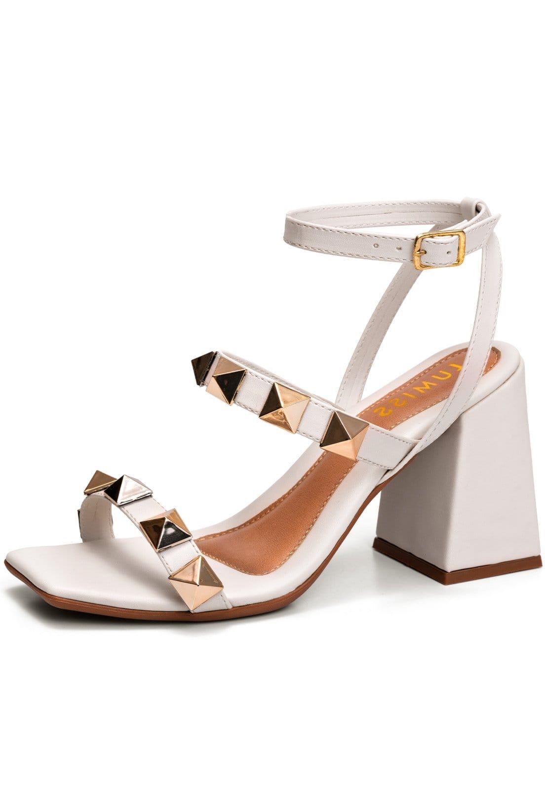 Sandália Feminina Lumiss Salto Alto Bloco Tacha Spike Pirâmide Off White