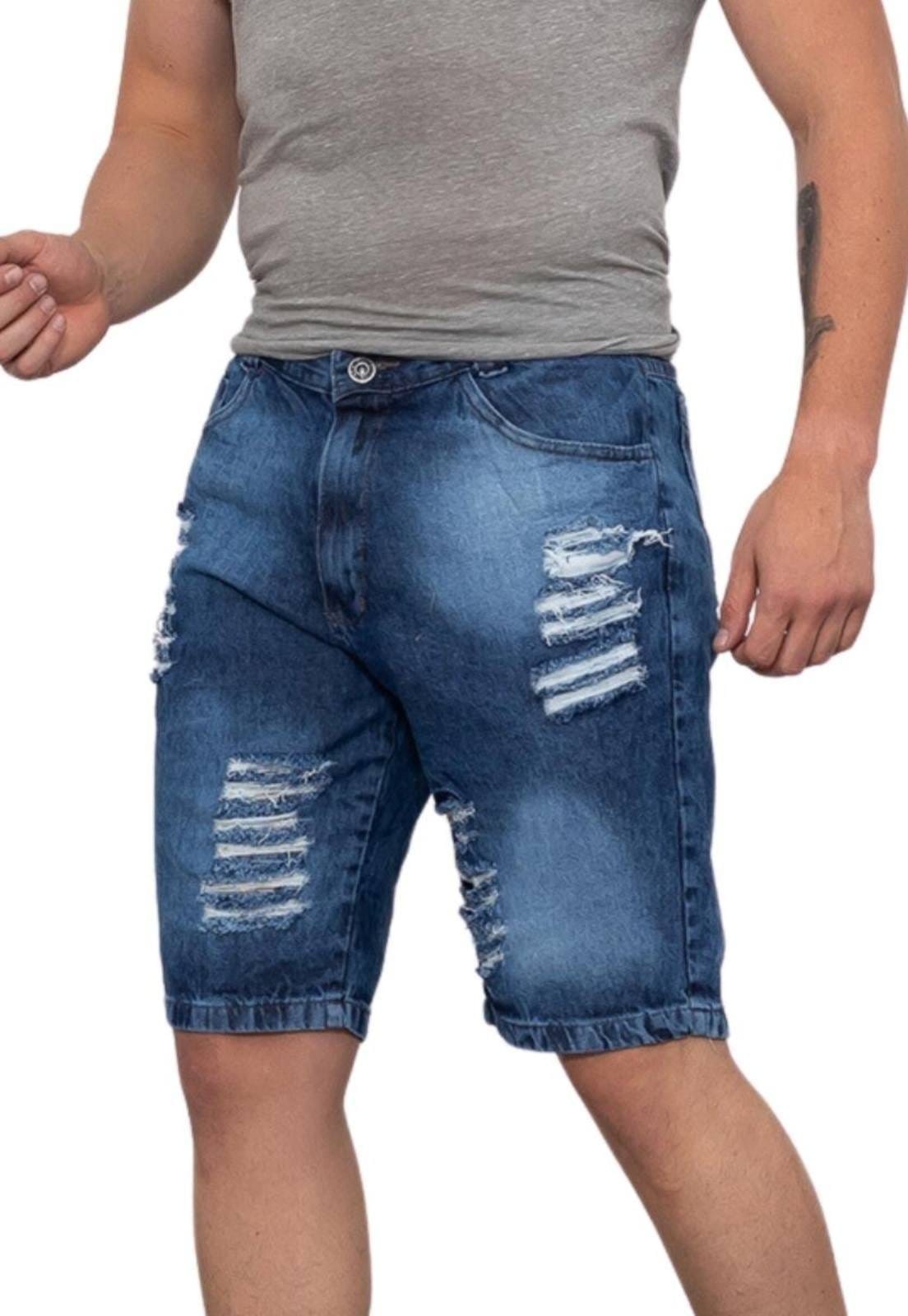 Vista 2 Bermuda Masculina Jeans Tempo Hábil Rasgada Destroyed Casual 5 Estilo azul