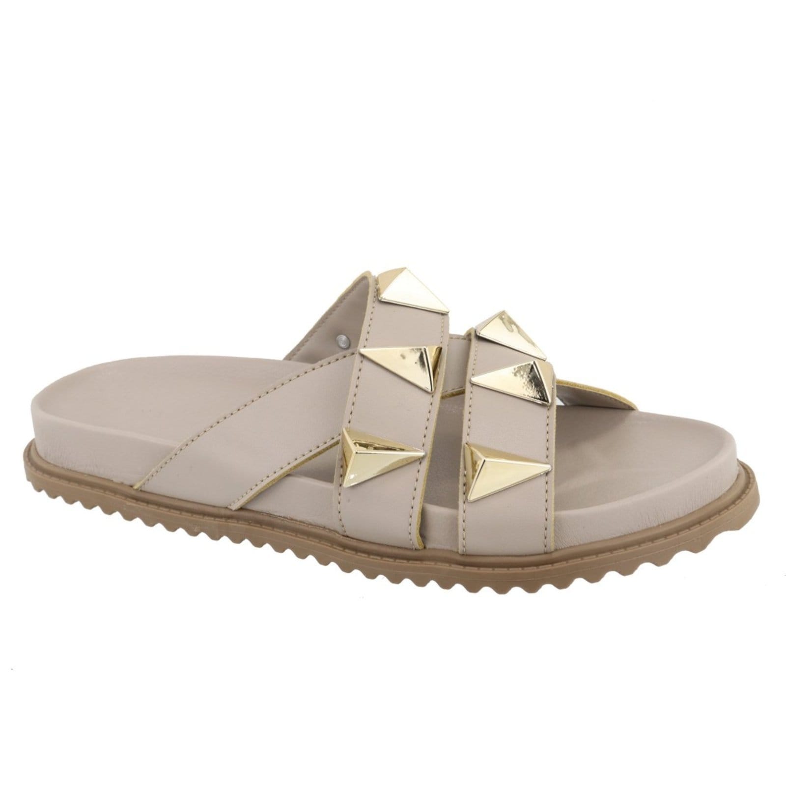 Vista principal Sandalia Papete Rasteira Flat Feminina Nude Piramides TELLINI STORE dourado nude