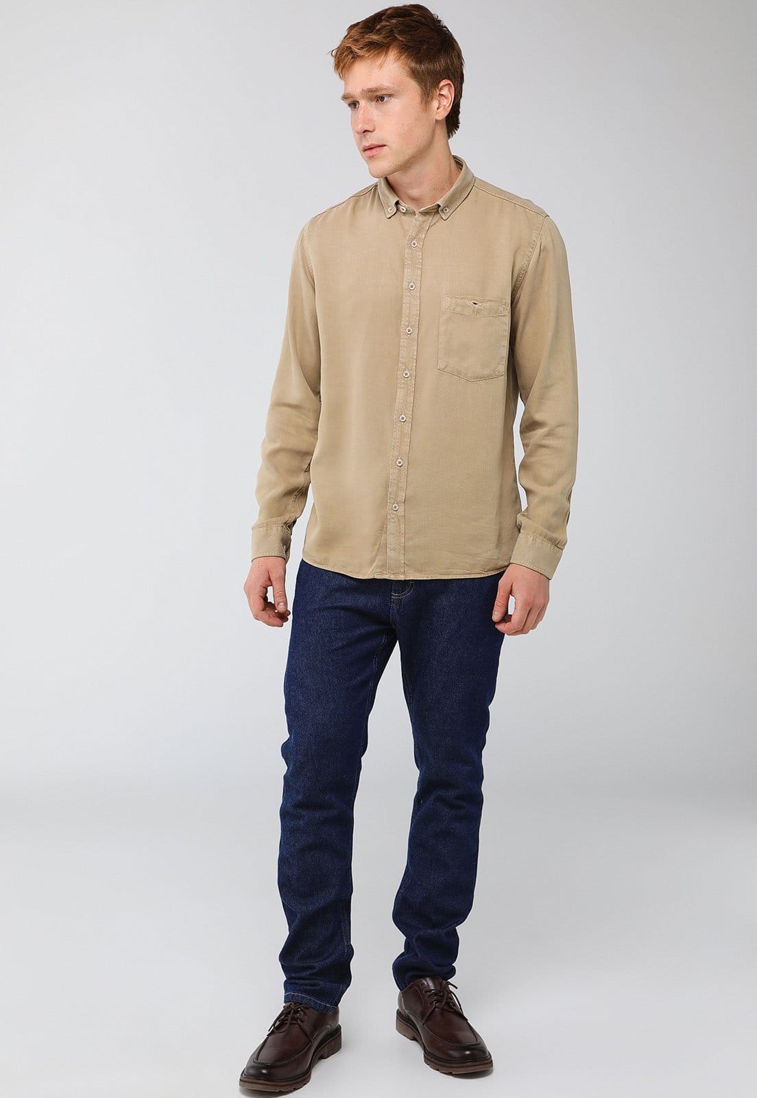 Vista 2 Camisa Masculina Dudalina Gola Botão Dudalina bege