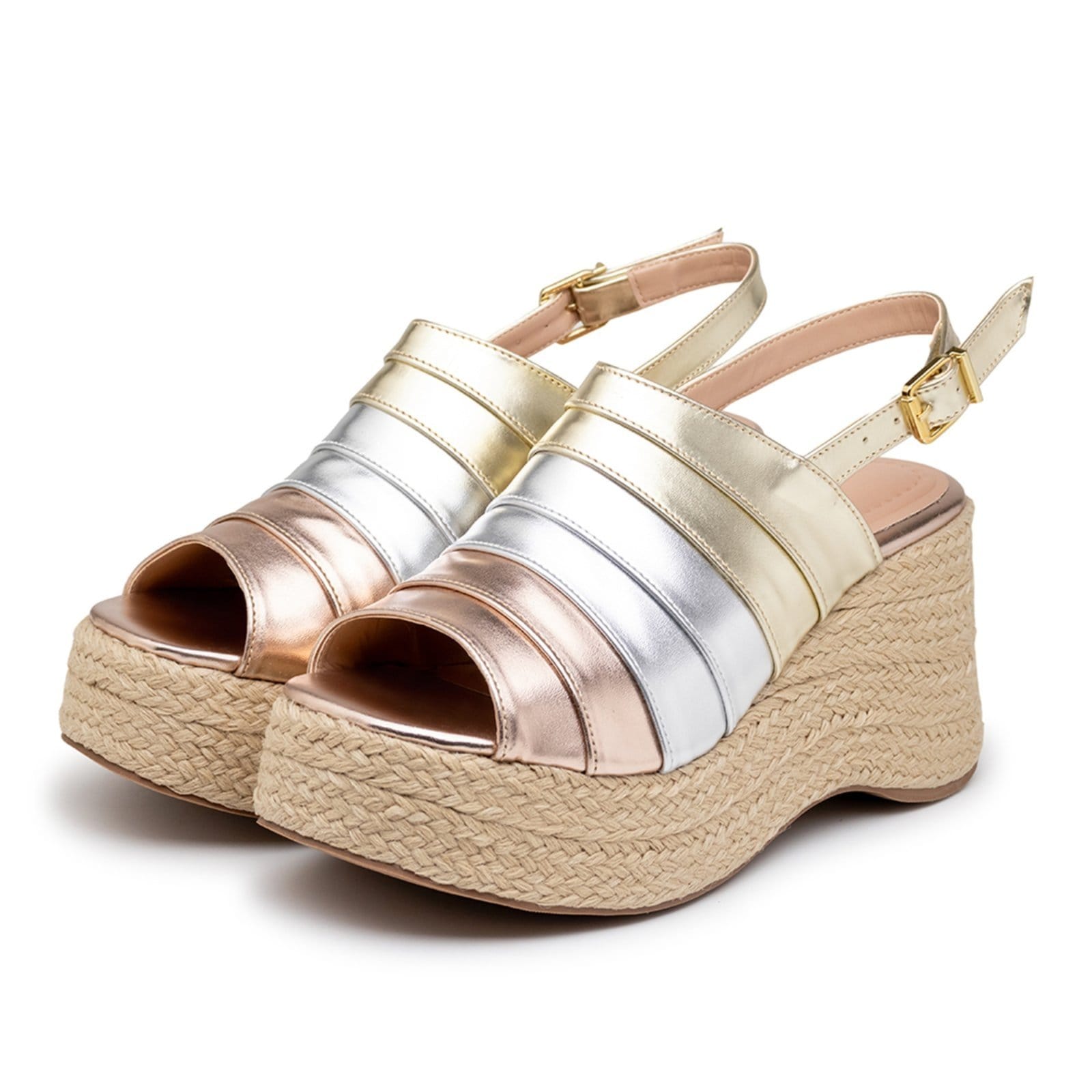 Sandália Anabela Mix de Metalizados Salto Plataforma Corda 9200