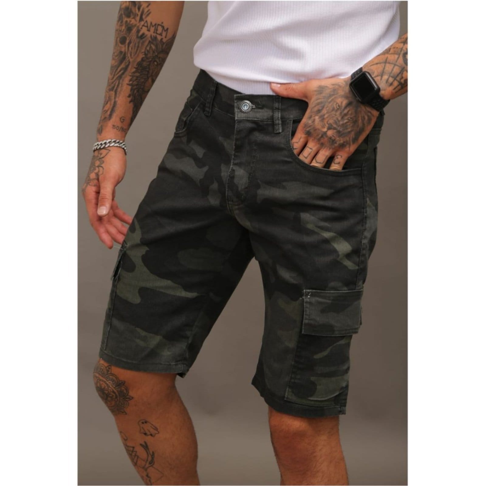 Bermuda Camuflada Militar Verde Cargo Masculina