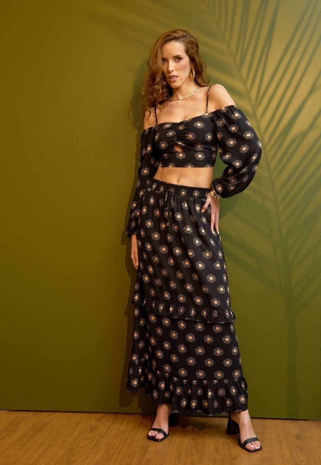 Vista principal Saia Midi Pop Me 2 Marias Em Viscose Estampada Magia do Sol Pop Me preto