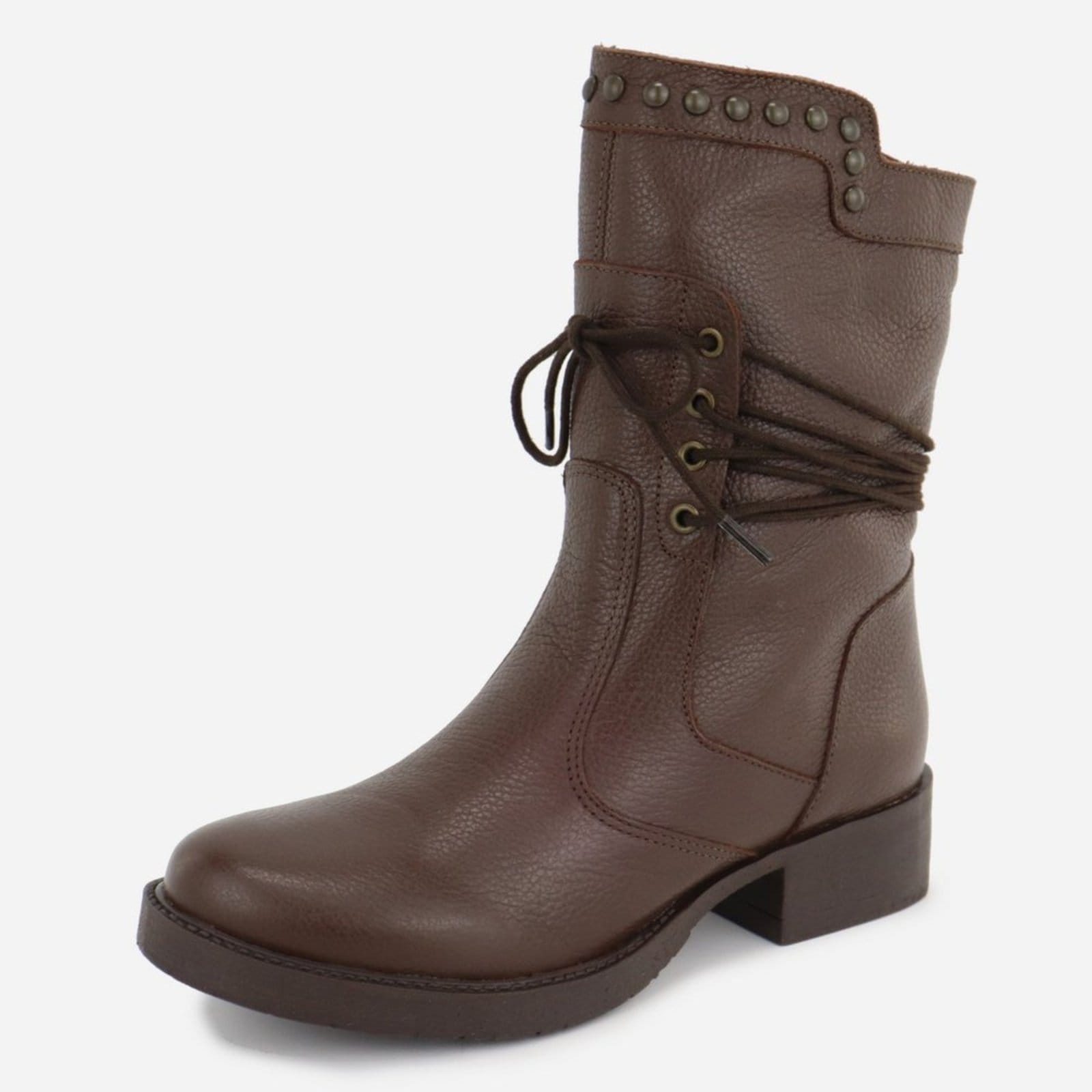 Vista principal Bota Maria Paua Store Feminina Cano Médio Couro Amarração Conforto Coturno MARIA PAULA marrom