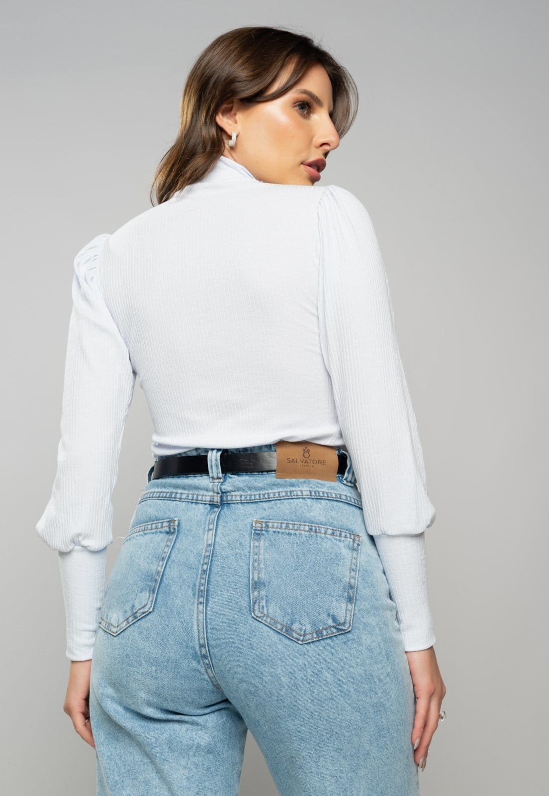 Vista 2 Blusa Salvatore Princesa Manga Longa Canelada Branca Salvatore Fashion branco