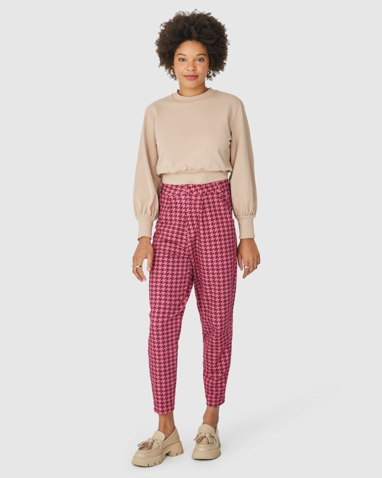 Vista principal Calça Alfaiataria Feminina Estampa Pied De Poule Em Moletom Stretch Malwee pink