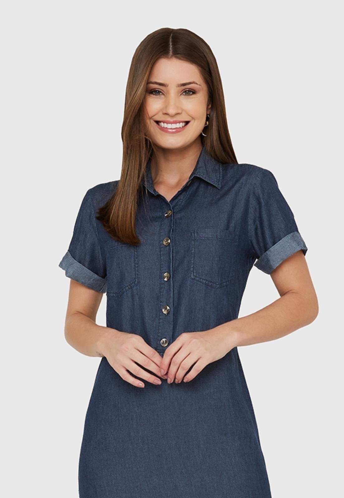 Vista 2 Vestido Chemise Longo Miss Joy 6975 MISS BY JOY azul marinho/jeans