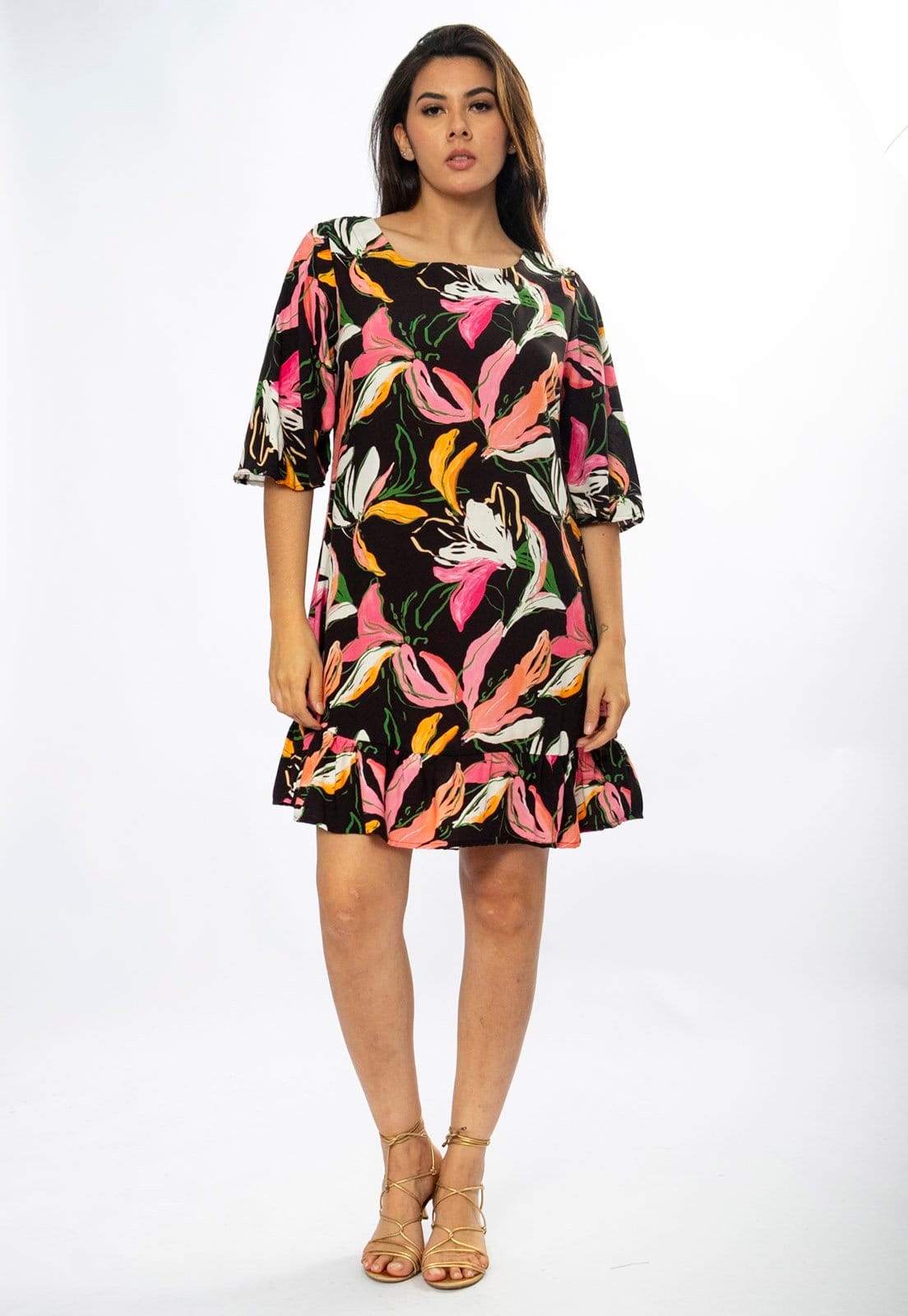 Vista 2 Vestido Amazonia Vital Curto Viscose Estampa Pétalas Noturna Amazonia Vital amarelo/branco/estampado/rosa/verde