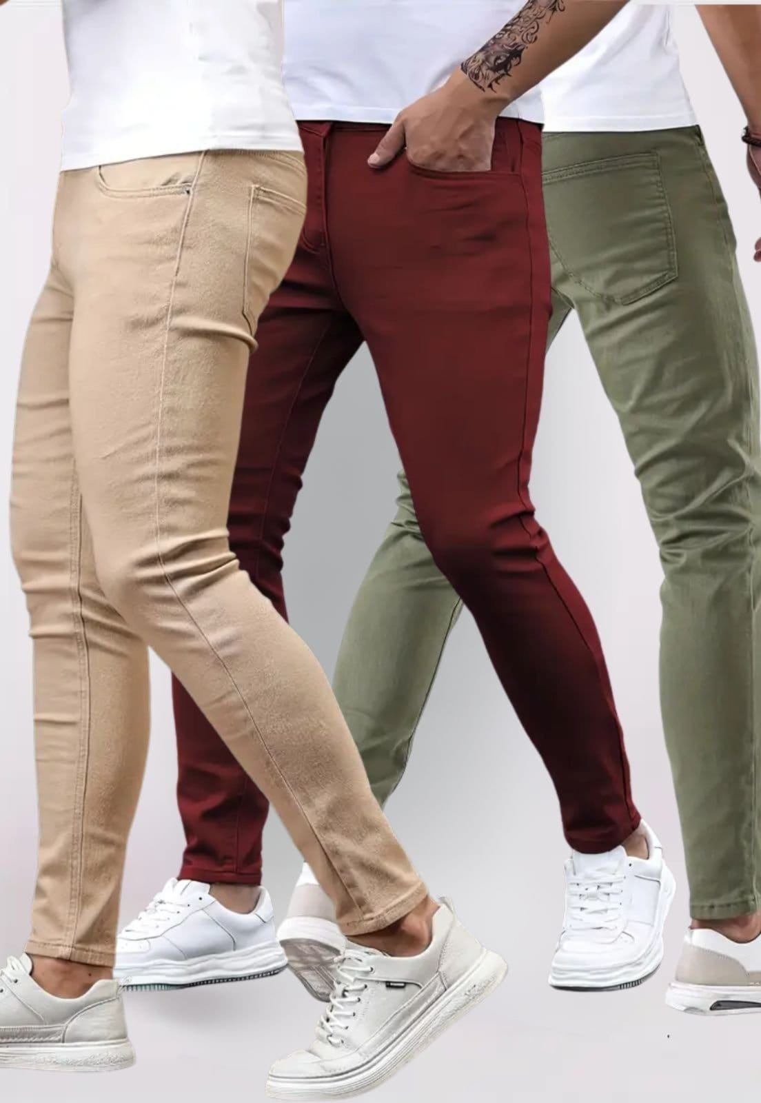 Kit 3 Calças Masculinas de Sarja Tempo Hábil Corte Tradicional Bege Vinho e Verde