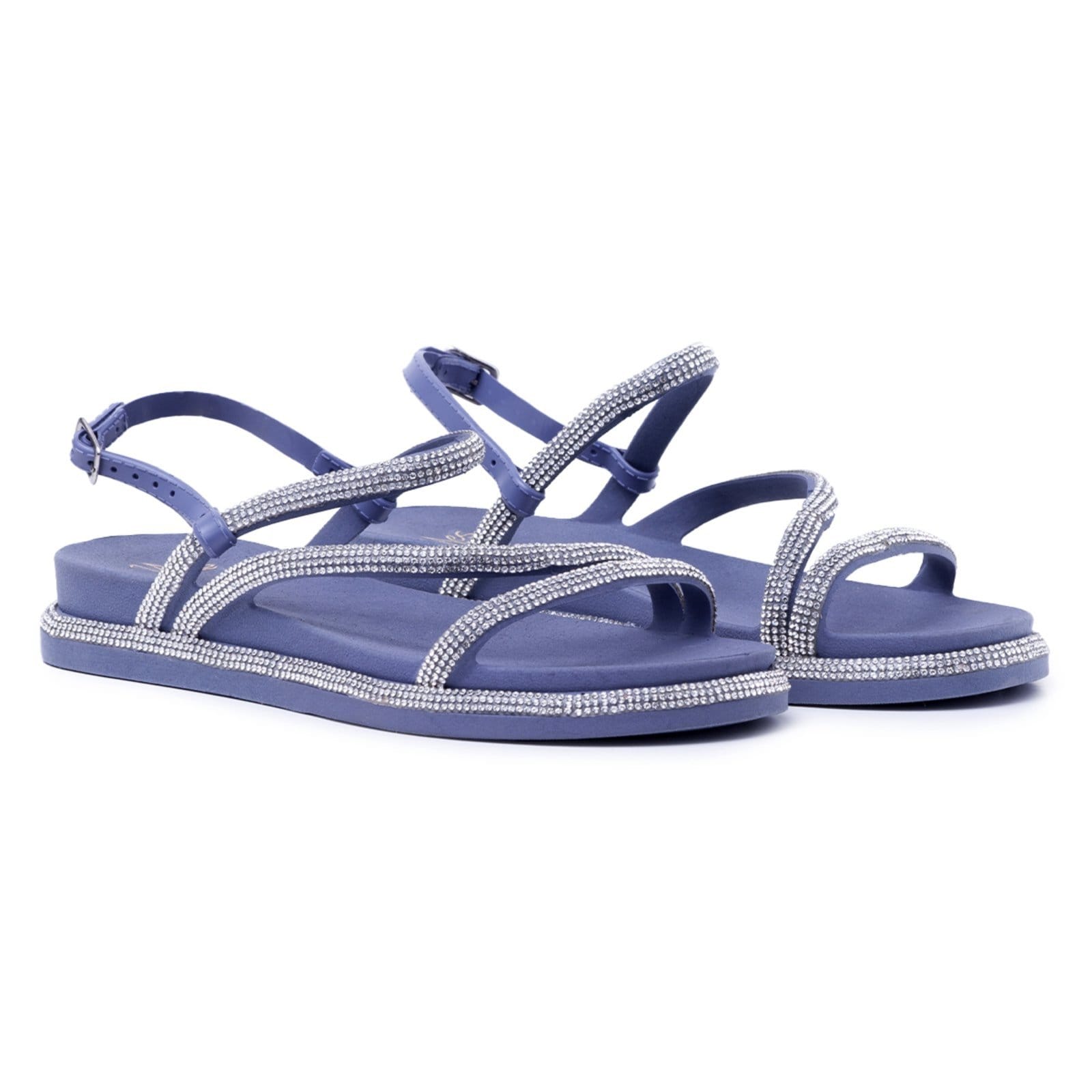 Vista principal Sandália Rasteira Casual Nine4 Tiras Finas Strass Brilhante Nine4 azul