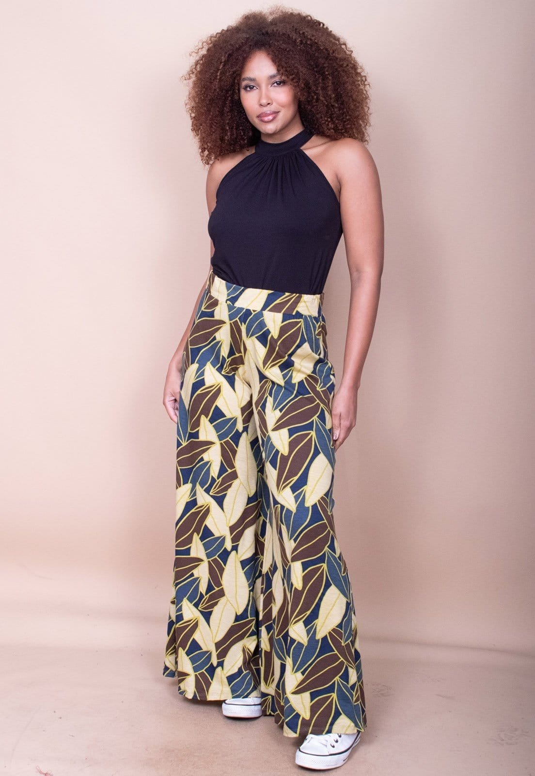 Calça Cabanafree Pantalona Granja Malha Estampa Folhas de Outono