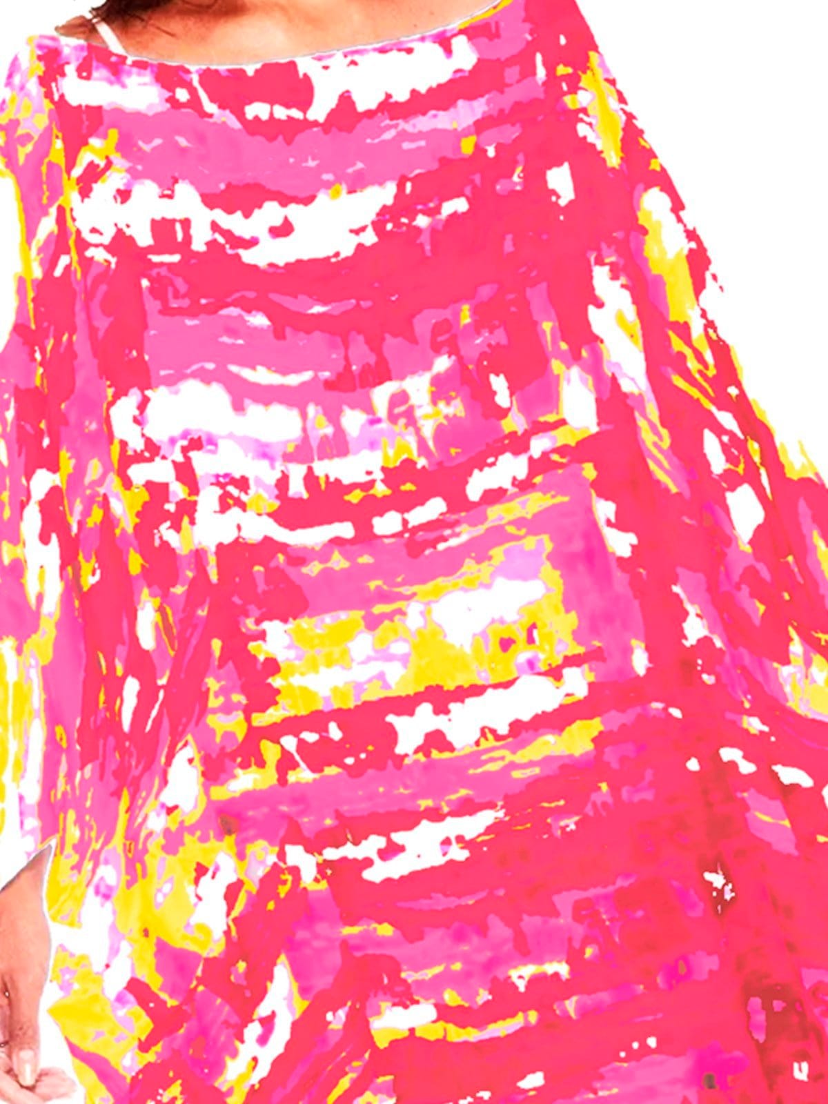 Vista 2 Vestido Kaftan Saída Curto Acetinado Estampado Manchado Vermelho 101 Resort Wear amarelo/pink/vermelho pink