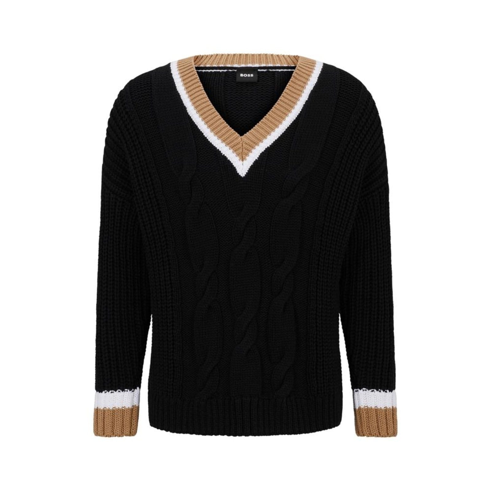 Suéter Com Decote Em V De Mescla De Algodão Com Estrutura De Cabos