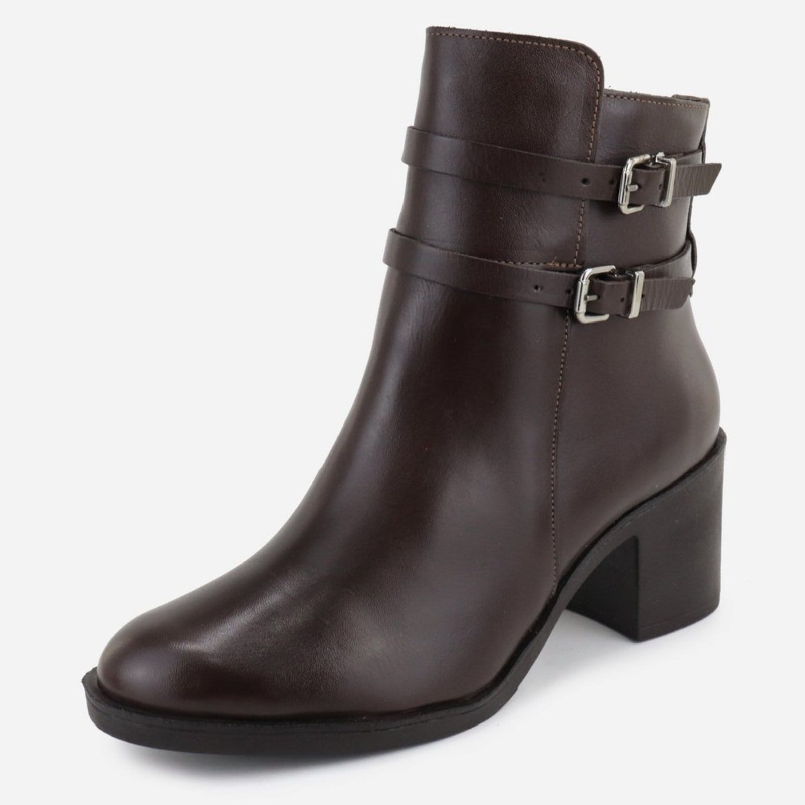 Vista principal Bota Couro Casual Maria Paula Salto Grosso Confortável Cano Baixo Café MARIA PAULA marrom