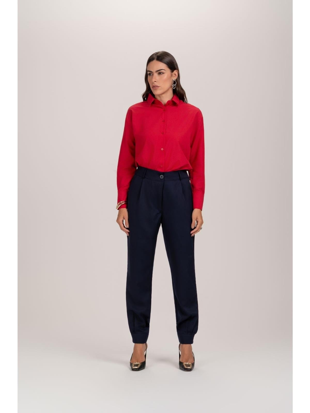 Vista principal Calça Feminina Alfaiataria Jogger Barra Cenoura Casual TEODORO CAMISARIA azul marinho