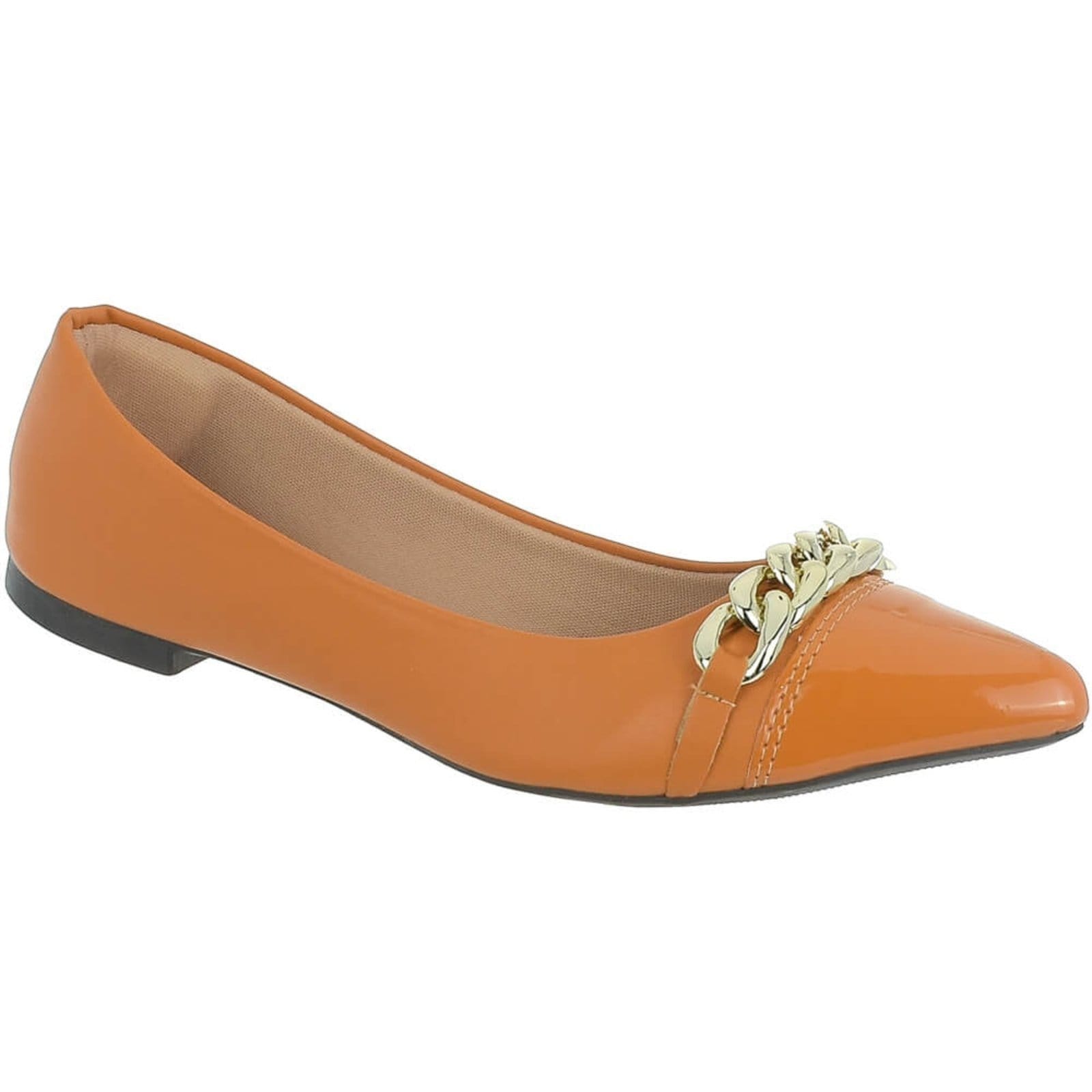 Sapatilha Feminina Bico Fino Flat Corrente Confortável Via Angel 16.06 Deserto