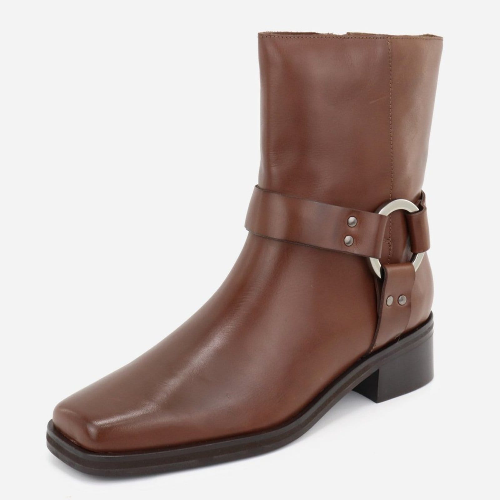 Bota Feminina Em Couro Bico Quadrado Sutil Lisa Conforto Cano Médio Maria Paula Café