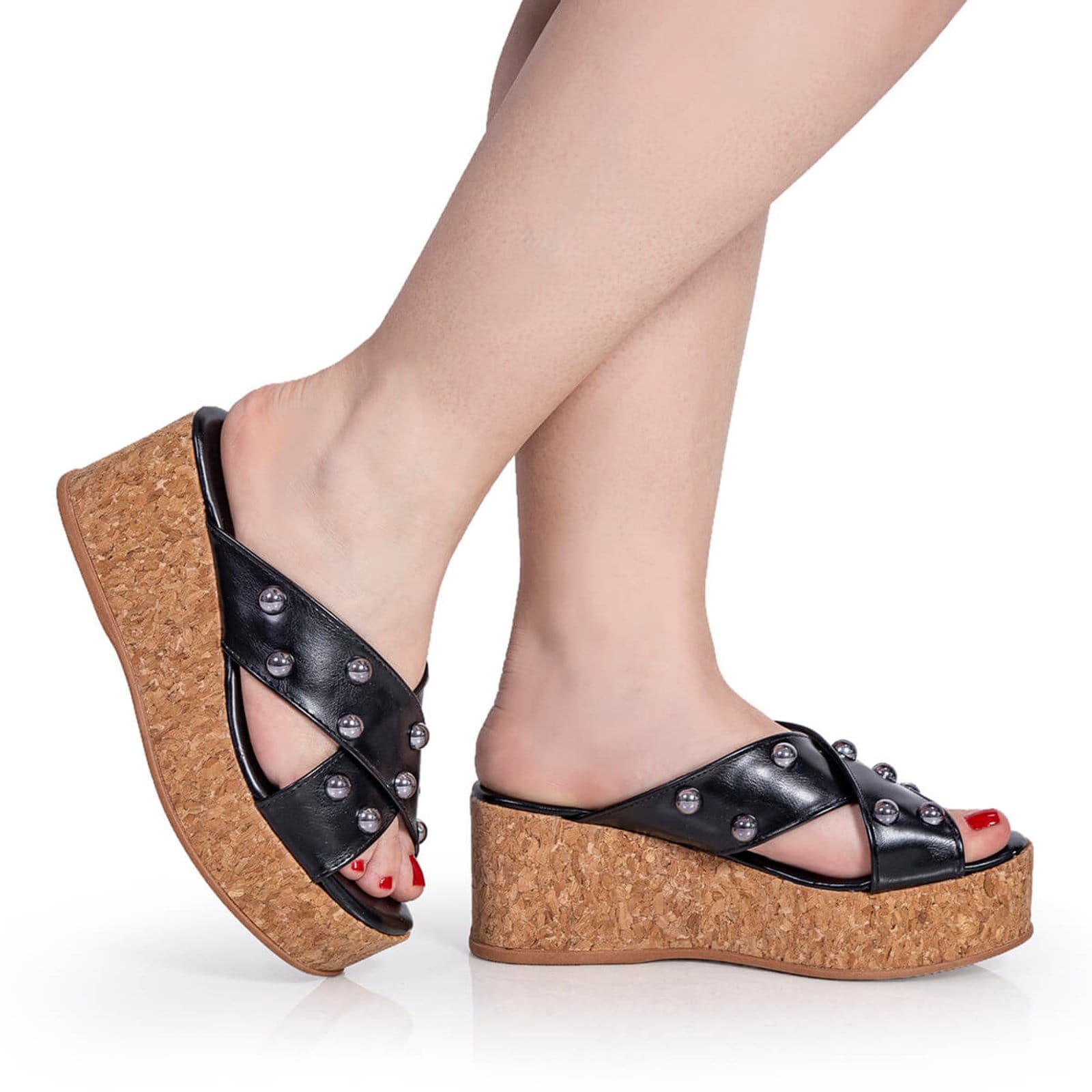 Vista 2 Tamanco Feminino Plataforma Anabela Rolha com Apliques Moderno Confortável Via Angel 10304 VIA ANGEL preto