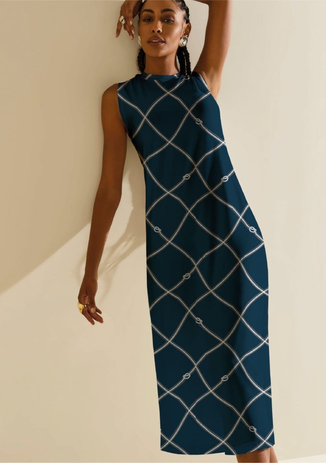 Vista principal Vestido Morena Rosa Solto Decote Careca Sem Manga Midi Azul Morena Rosa azul rosa