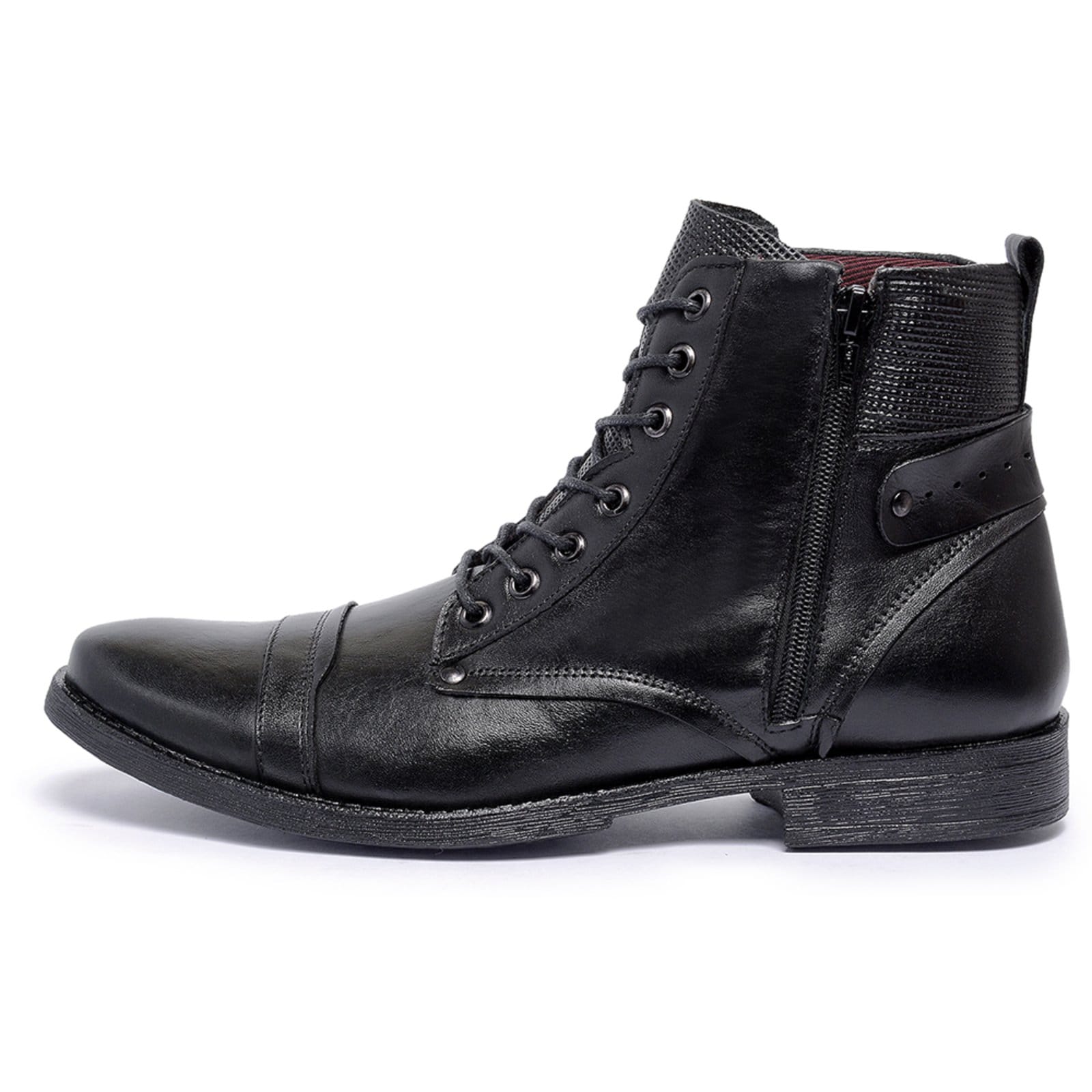 Bota Botina Coturno Ferrile em Couro Bico Redondo Zíper Preta