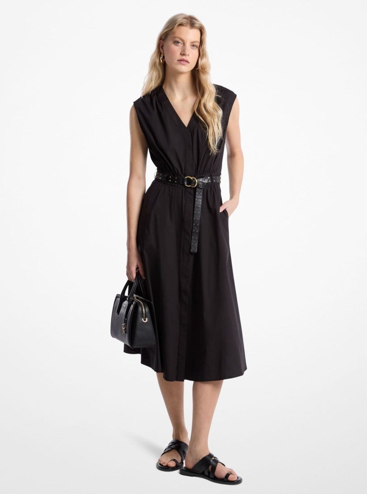 Vista principal Vestido Midi De Algodão Com Cinto Ms5830kf4c001 Michael Kors preto