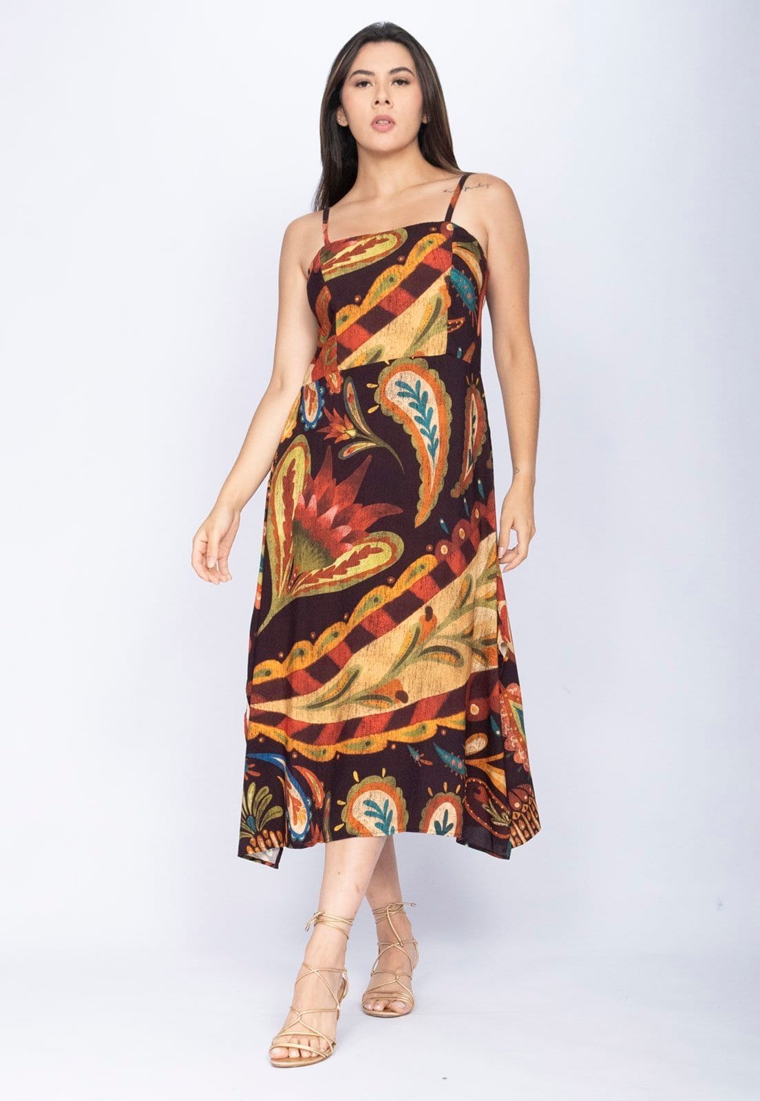 Vista 2 Vestido Amazonia Vital Midi Amazó Alça Fina Estampa Boho Terra Amazonia Vital estampado