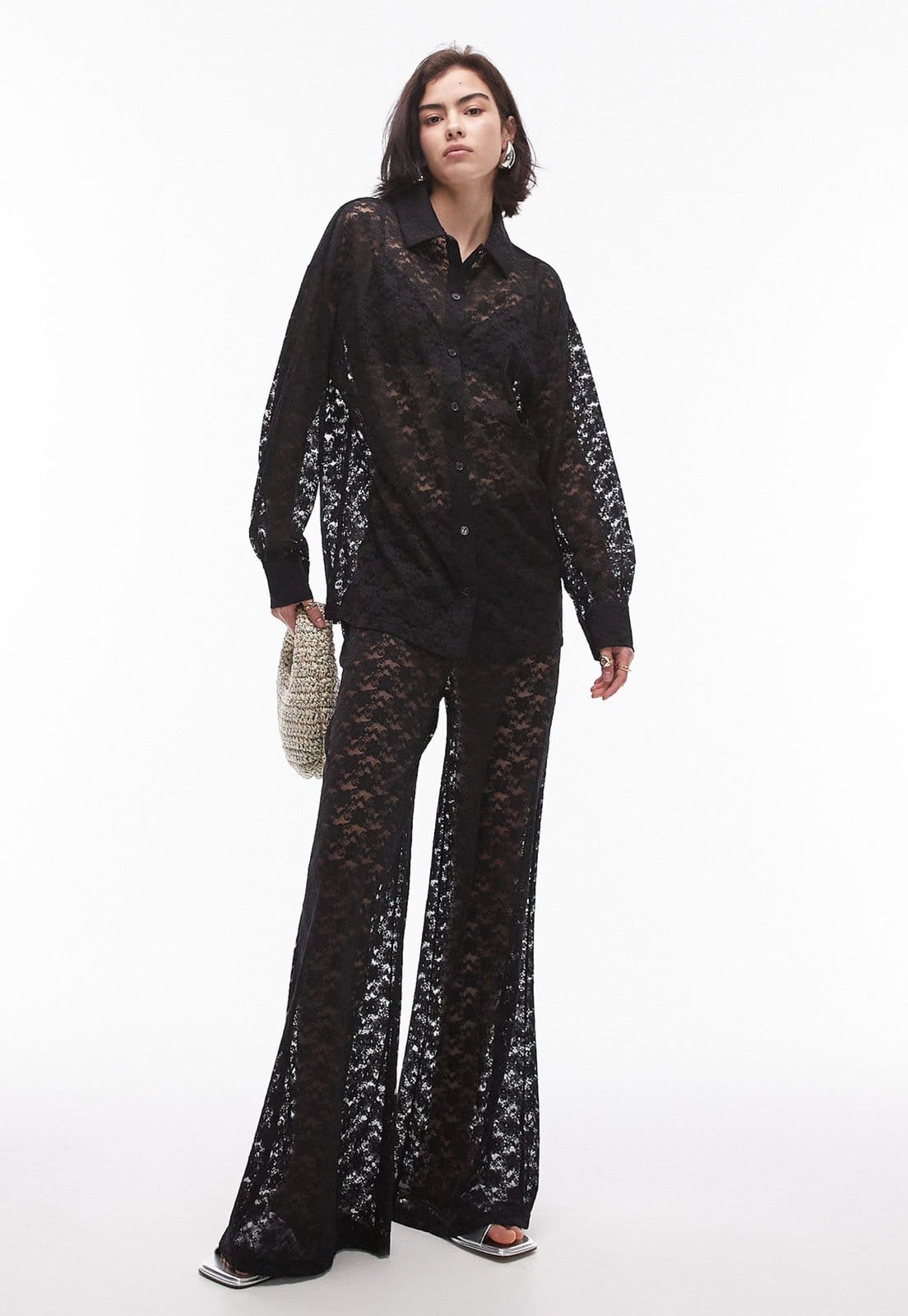 Vista principal Camisa Renda TOPSHOP Reta Vazada Preta Topshop preto